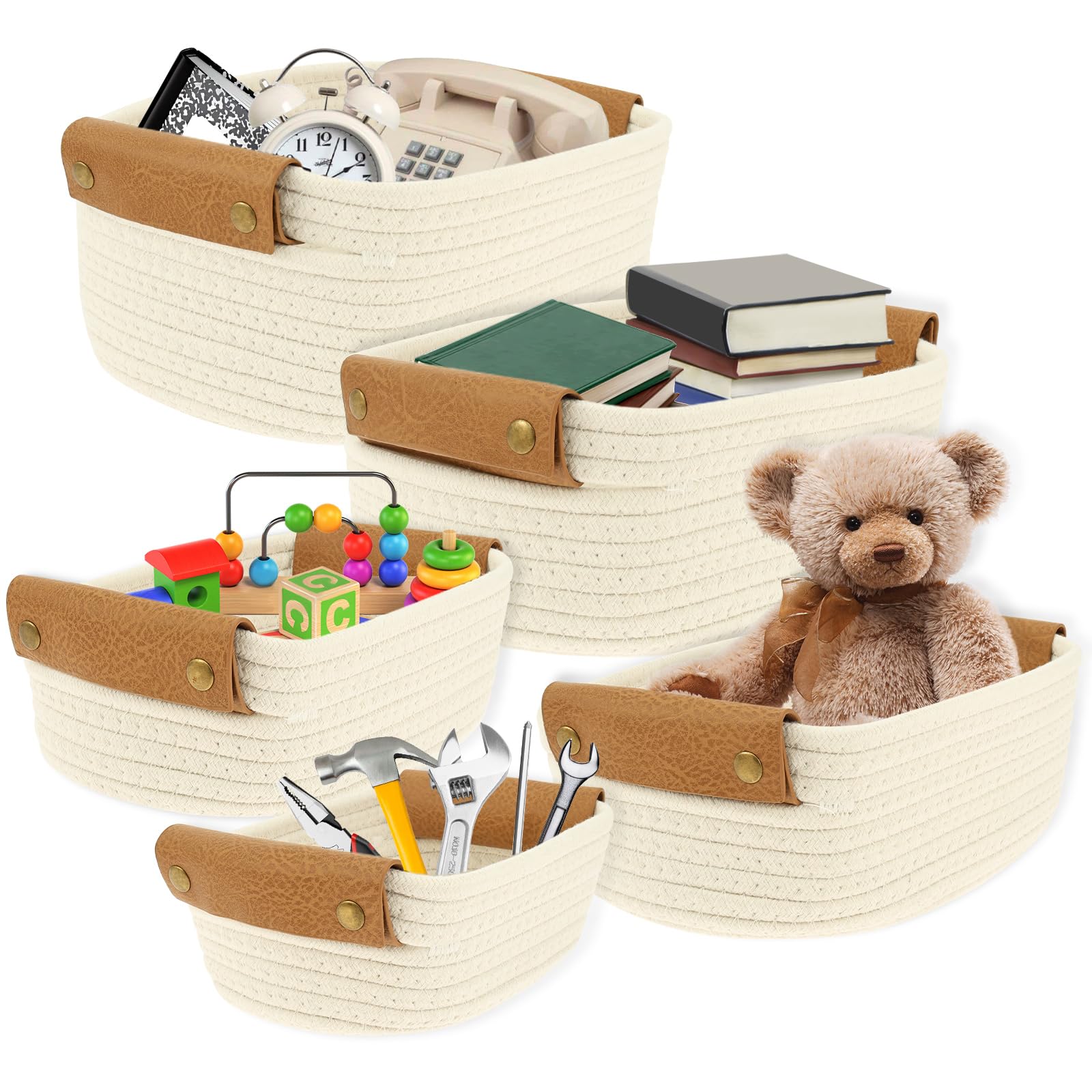 5Pcs Rope Basket Rectangular,Beautiful Storage Basket Sturdy Cotton Woven Baskets with Handles for Organizing Your Home Quality Storage Bin Suitable for Storing Books Magazines Toys Decorative