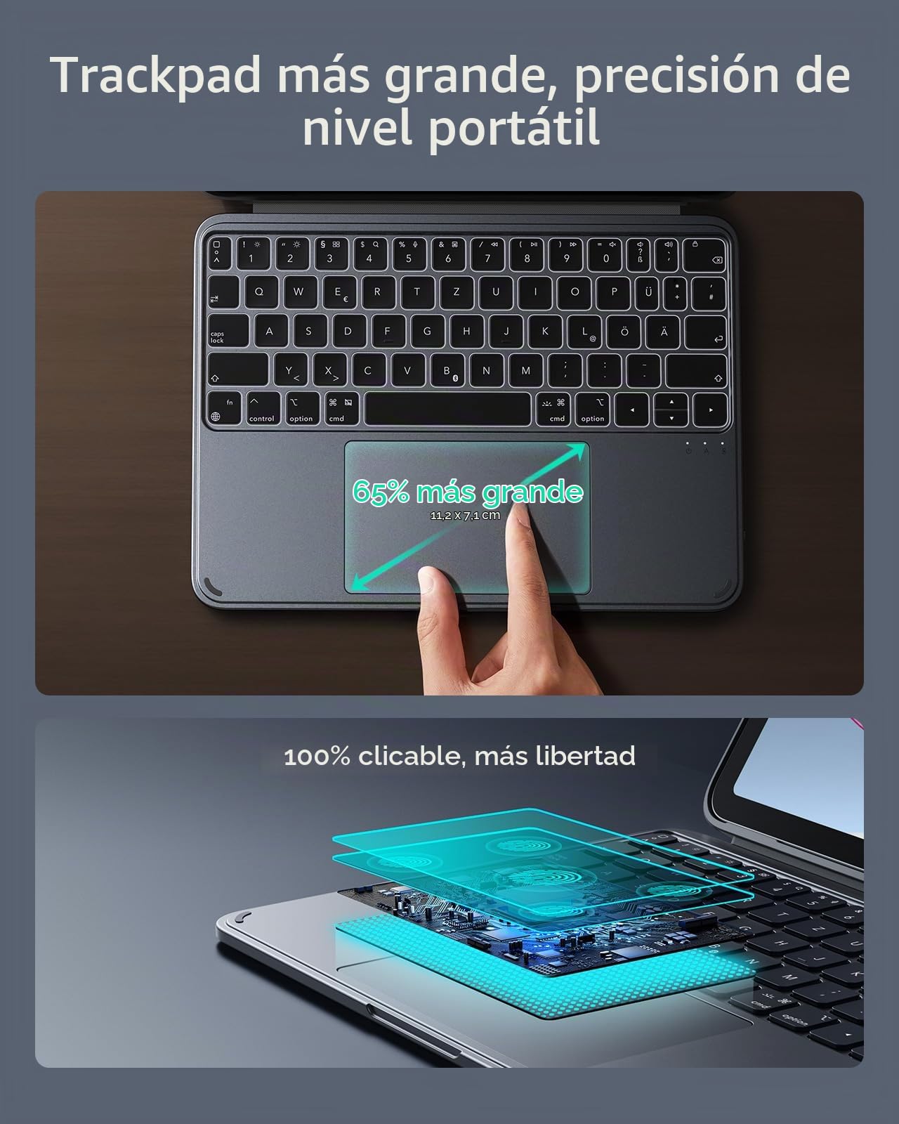 ESR Funda con Teclado para iPad 11 (A16) 2025/10.Gen, Soporte multiángulo | Teclado Magnético Desmontable, Vertical y Horizontal, Gran Trackpad, Teclas Retroiluminadas, DEU QWERTZ, Gris oscuro