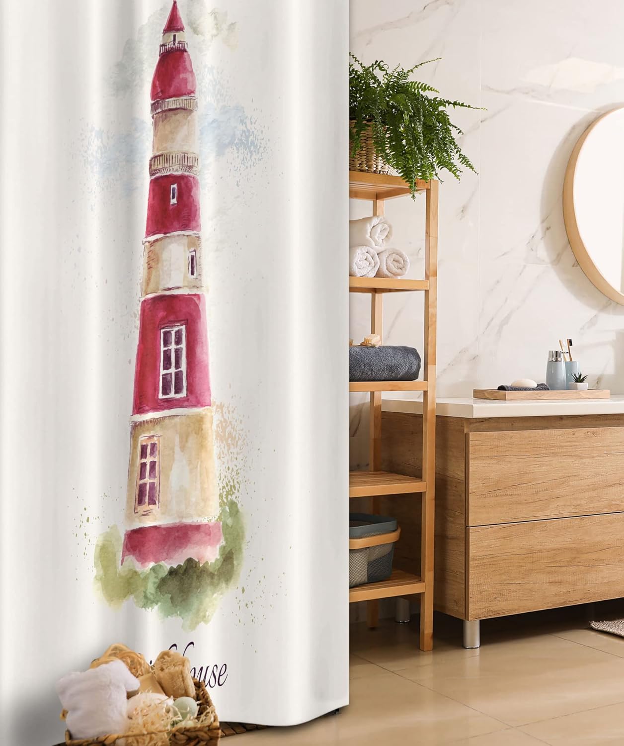 Ambesonne Lighthouse Stall Shower Curtain, Watercolor Lighthouse Print Pastel Faded Vintage Lettering Windows Grass Clouds, Fabric Bathroom Decor Set with Hooks, 36" W x 72" L, Raspberry Beige