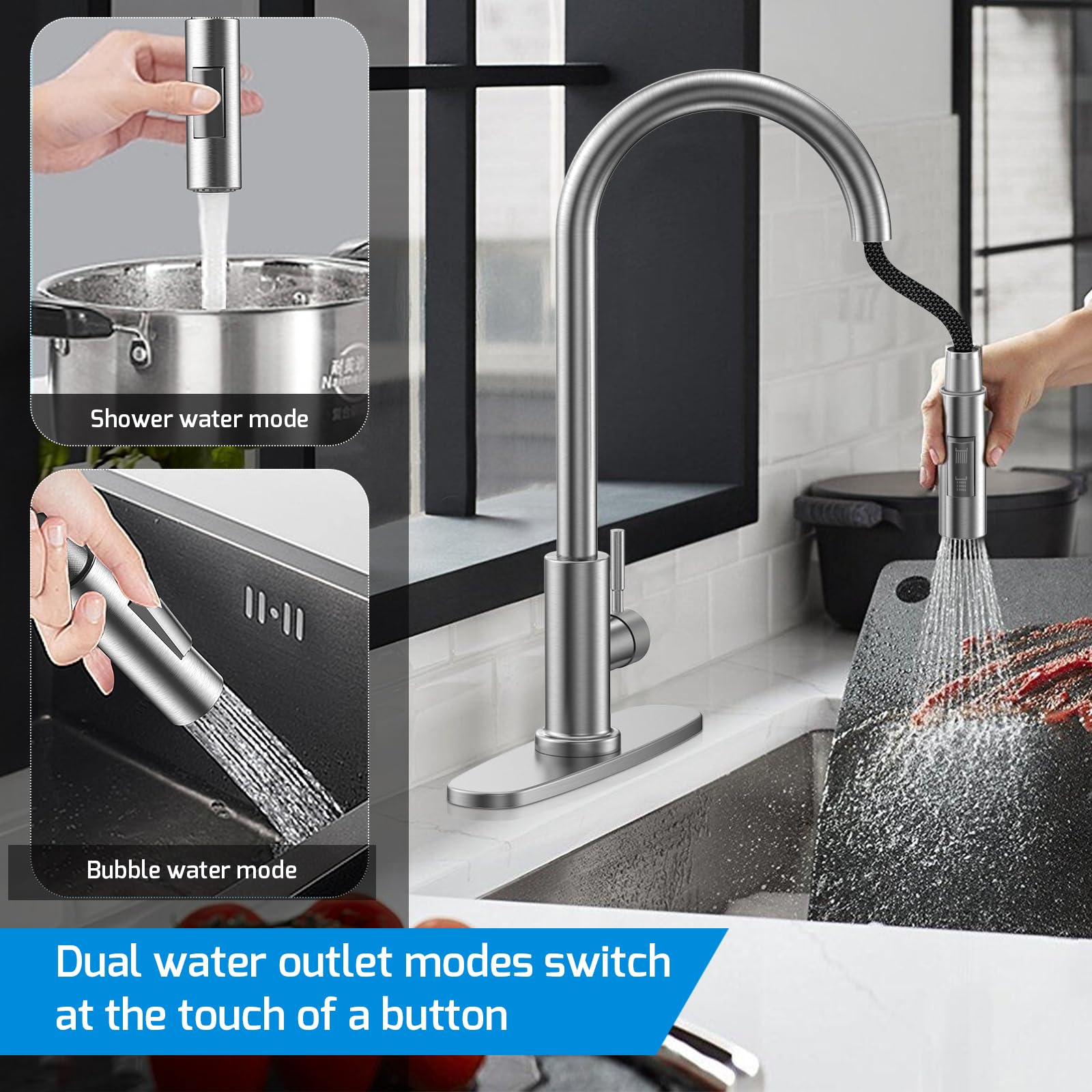 Rubinetto Cucina con Doccetta Estraibile, Rubinetto Lavello Cucina in Acciaio Inox Miscelatore per Cucina con Base Rimovibile, Girevole a 360 °, 2 Modalità Dell'acqua, Freddo e Caldo Disponibile