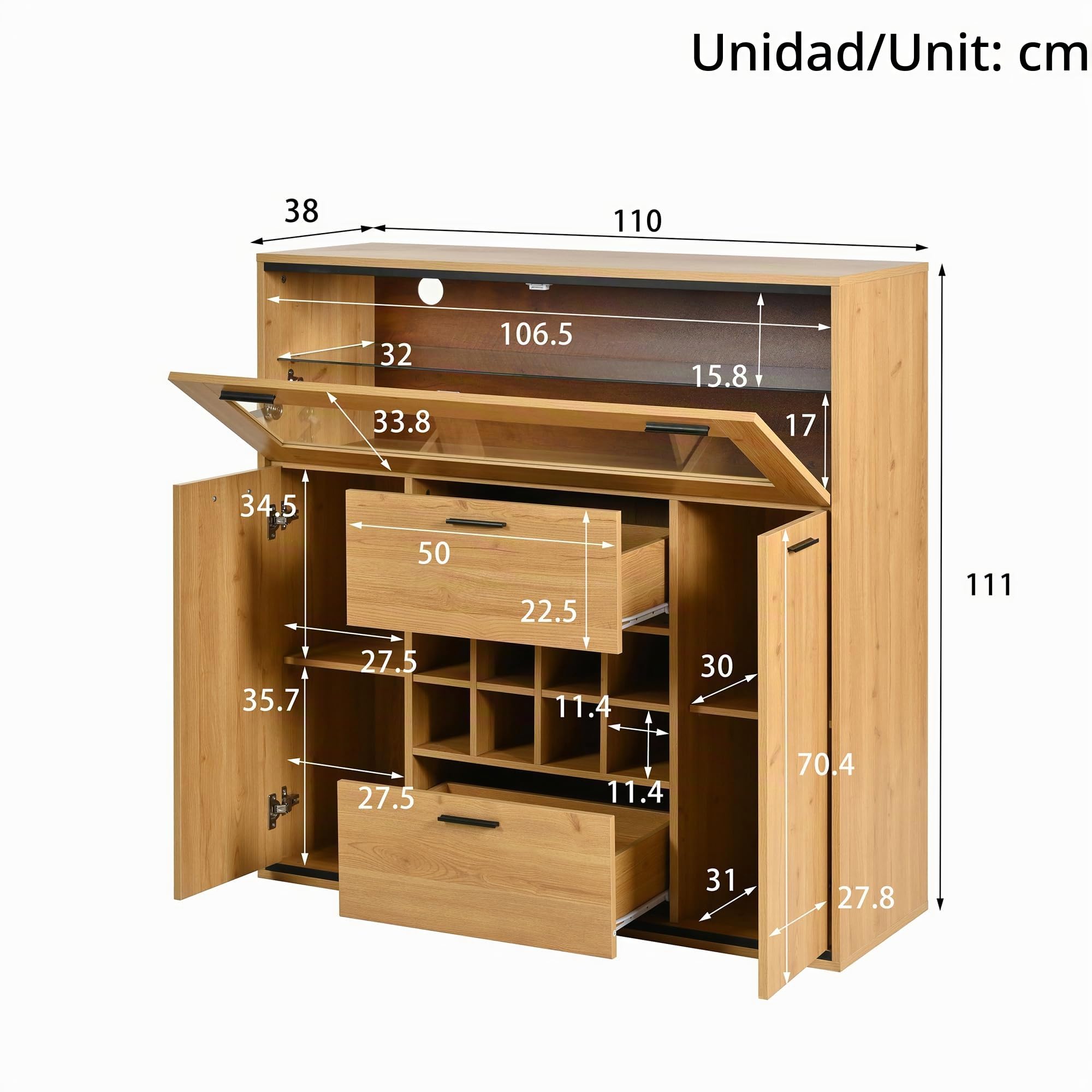 Aparador, elegante armario para vino con puertas dobles, estante de cristal y soporte para vino. Almacenamiento perfecto en un elegante aparador, gran espacio de almacenamiento.