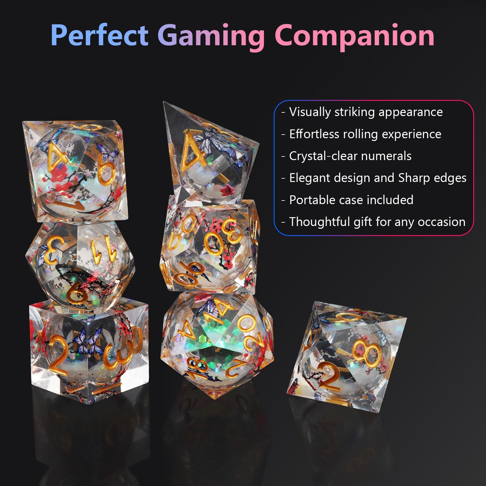Set di dadi DND a forma di farfalla e fiore di prugno, per giochi di ruolo, con scatola, 7 dadi in resina poliedrica con bordi affilati, set con Beauty Since, D% D20 D12 D10 D8 D6 D4 dadi (bianco