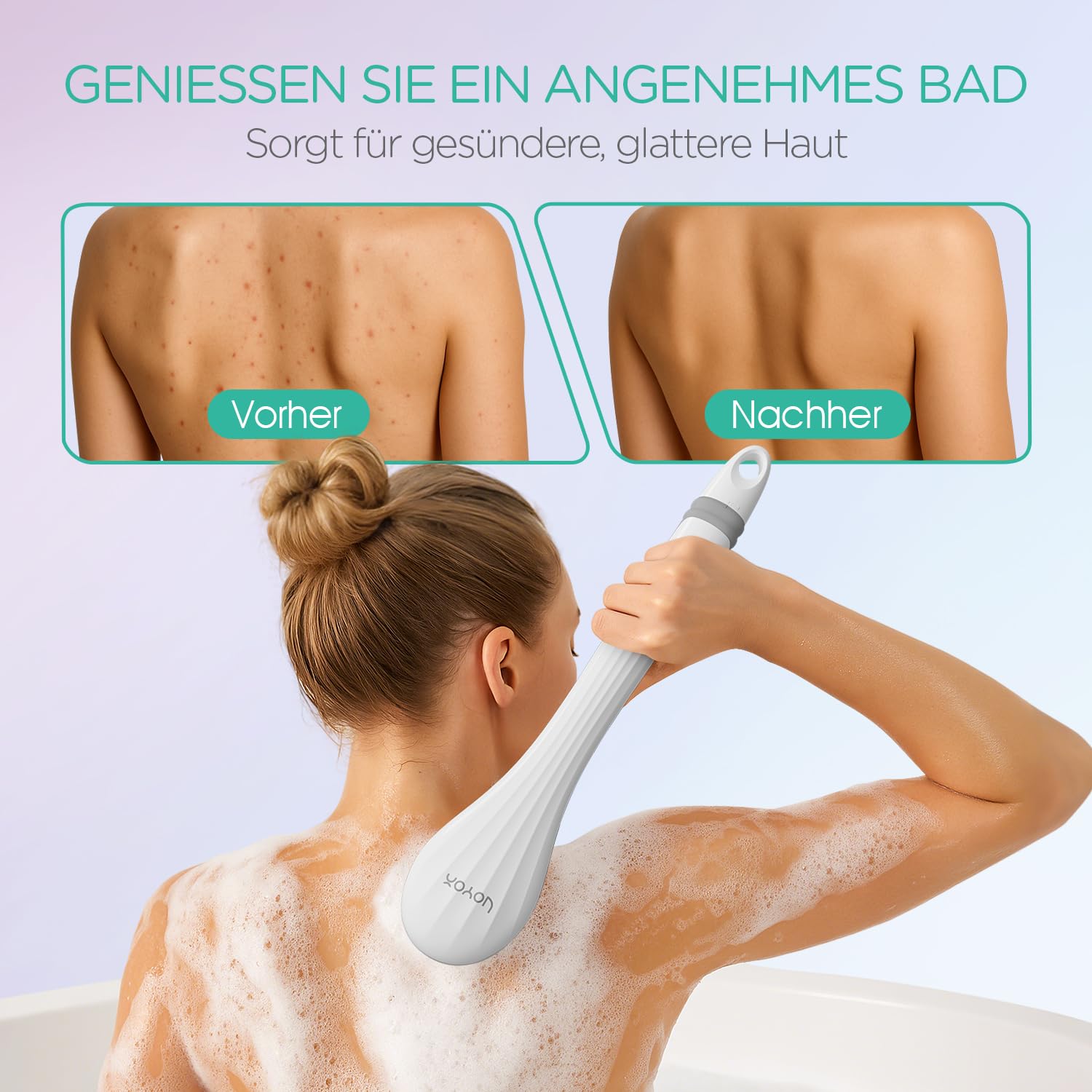VOYOR Rückenbürste Duschbürste Körperbürste elektrische Rückenbürste langer Griff wasserdicht Aufladbar mit 4 Reinigungsköpfen für Spa Dusche Peeling Massagebürste BC100 (Grau)
