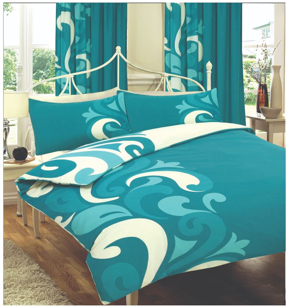 GC GAVENO CAVAILIA Soft Floral Teal Grandeur Curtain Vintage Style Curtains - Bedroom Printed Pair Pencil Pleat - 66" Width X 72" Drop (168 X 183Cm)