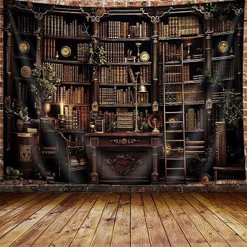 Vintage Gothic Bookshelf Tapestry, Medieval Witchy Library Book Tapestry Wall Hanging for Men Bedroom, Cool Black Victorian Tapestries Poster Blanket College Dorm Home Decor 90X70Inches