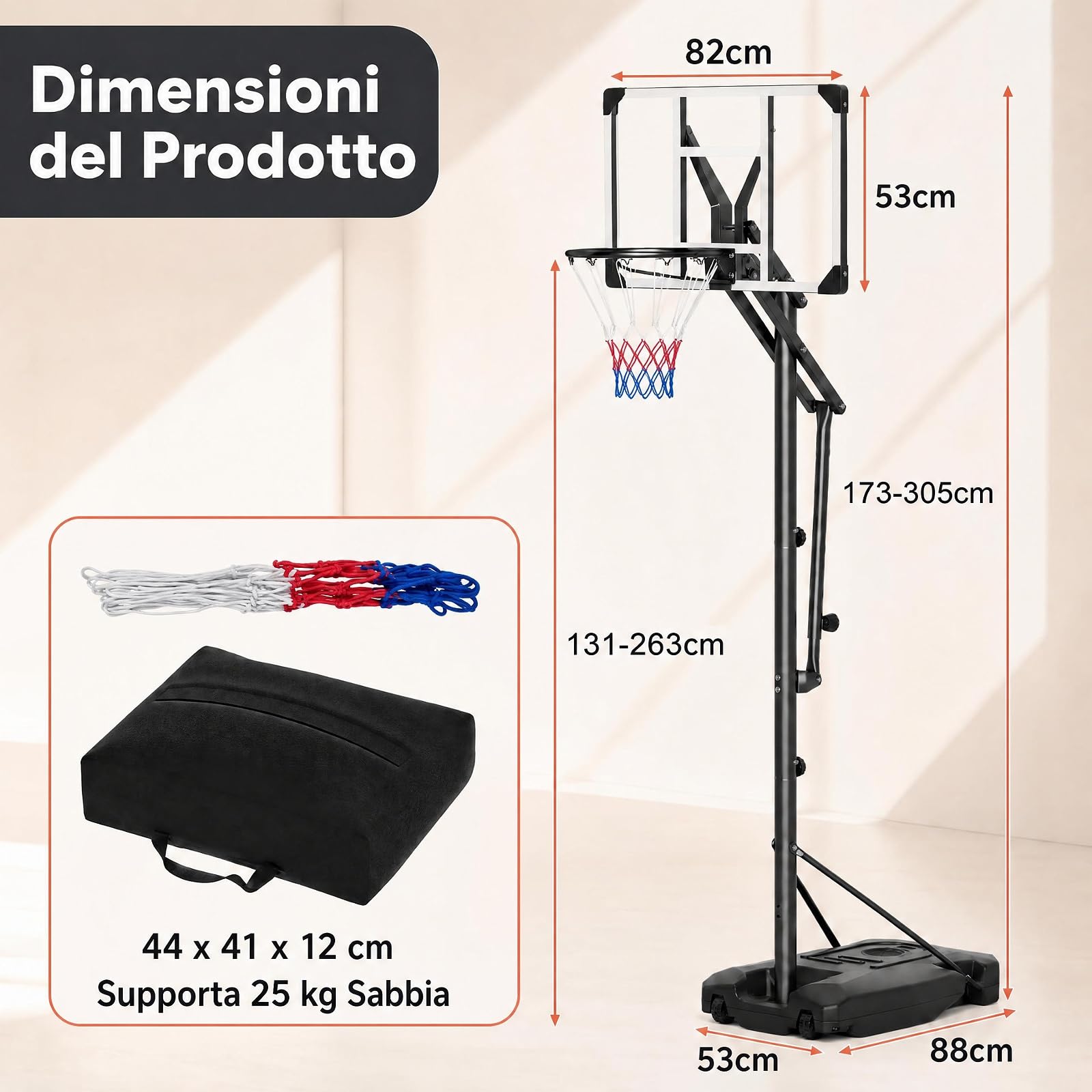 GYMAX Canestro da Basket per Adolesenti e Adulti, Altezza 173-305 cm