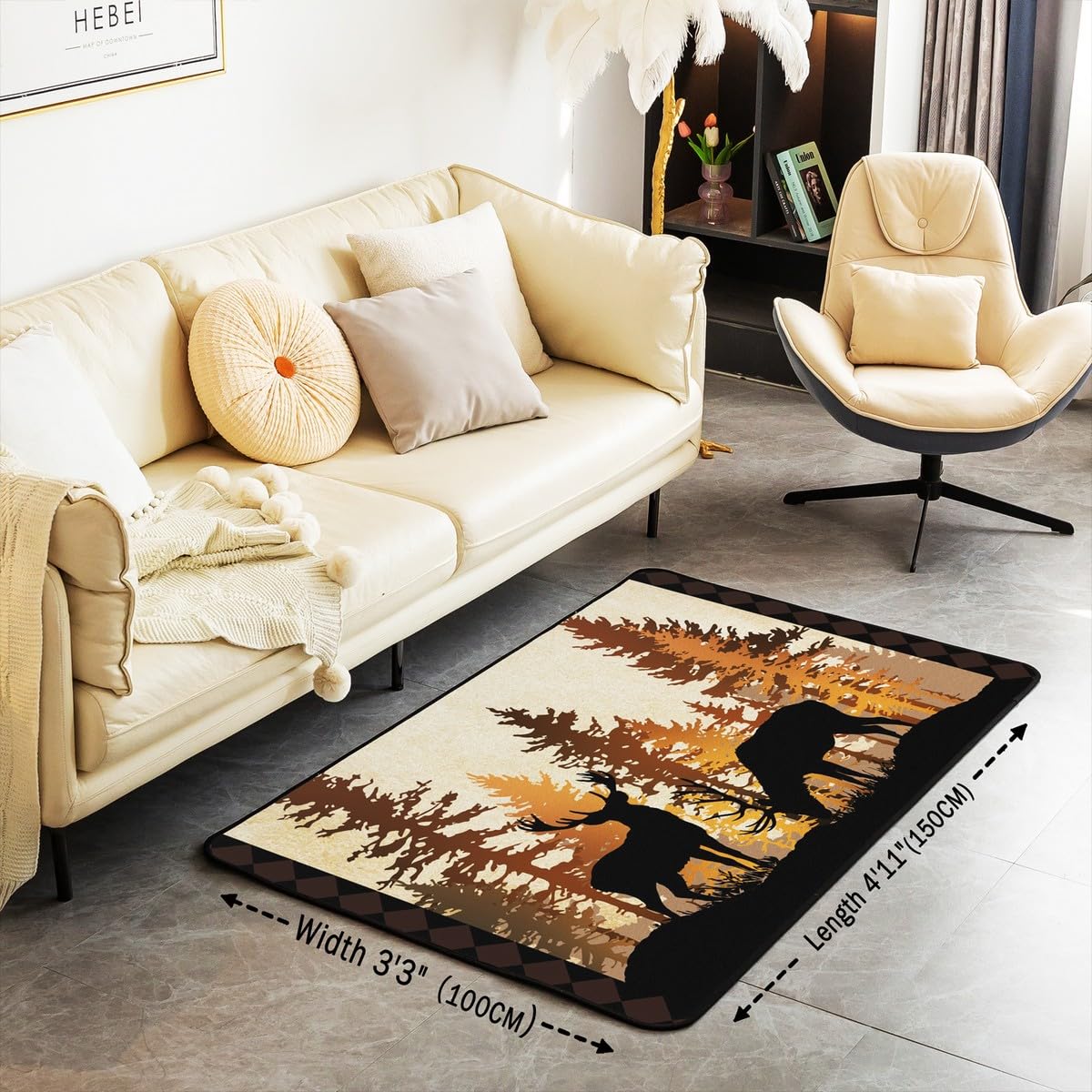 Homewish Rustykalny leśny jeleń dywaniki 100 x 150 cm - polowanie dzika przyroda zwierzę nowoczesny dywan podłogowy wiejski dom wiejski vintage kabina duże dywany, leśne zwierzę nie gubi włosia dywan