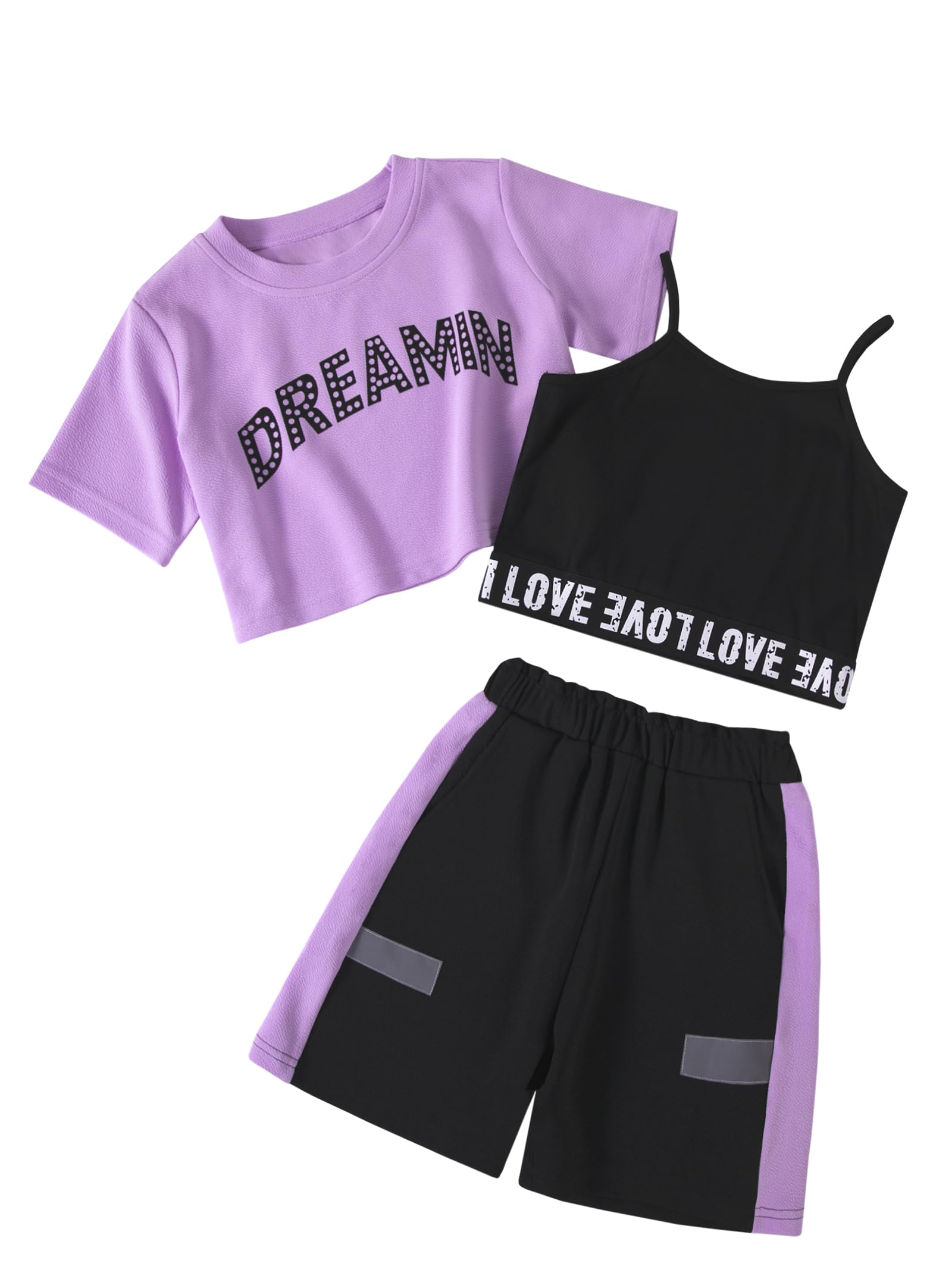 Hilinker Girls 3 Piece Summer Outfits Graphic Crop Tee and Cami Top with Shorts Set