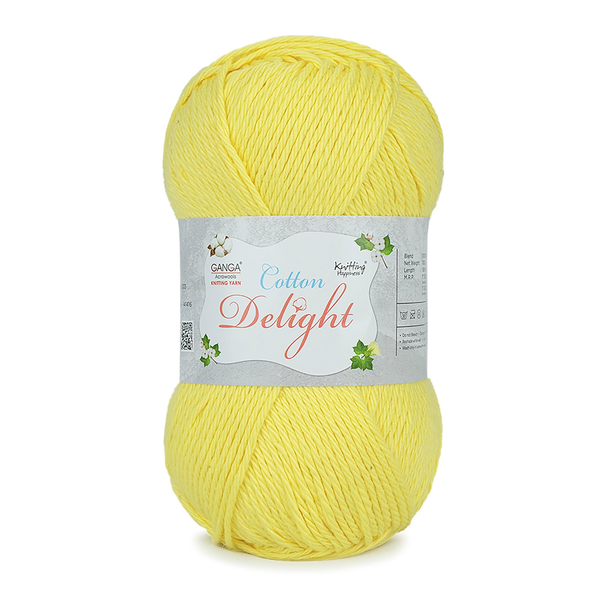 Ganga Acrowools Cotton Delight, Dk Weight Cotton Yarn, Oekotex Class L Certified 100G, 169M (Lemon Yellow)