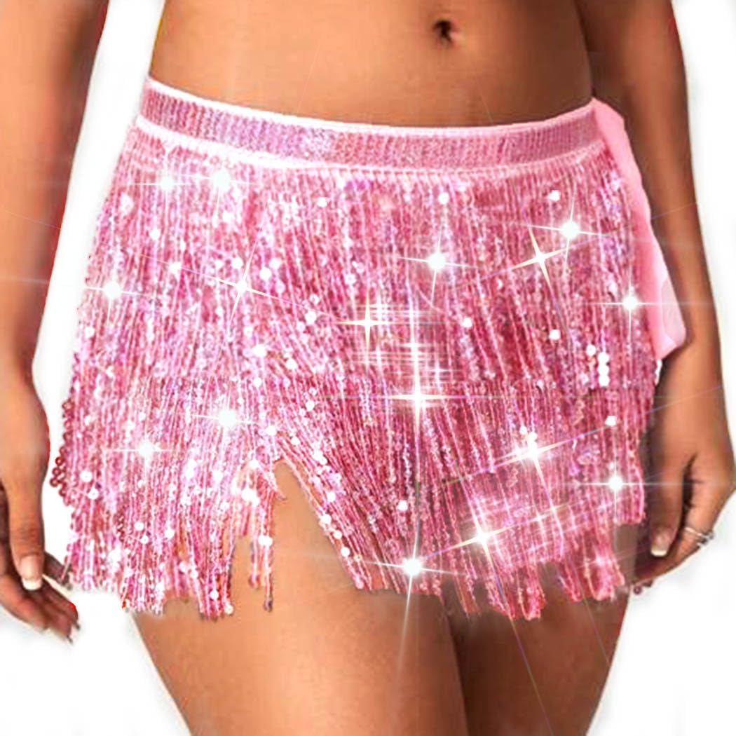 REETANBoho Belly Skirt Sequins Belly Hip Scarf Tassel Fringe Wrap Skirt Rave Party Dance Performance Costume for Women