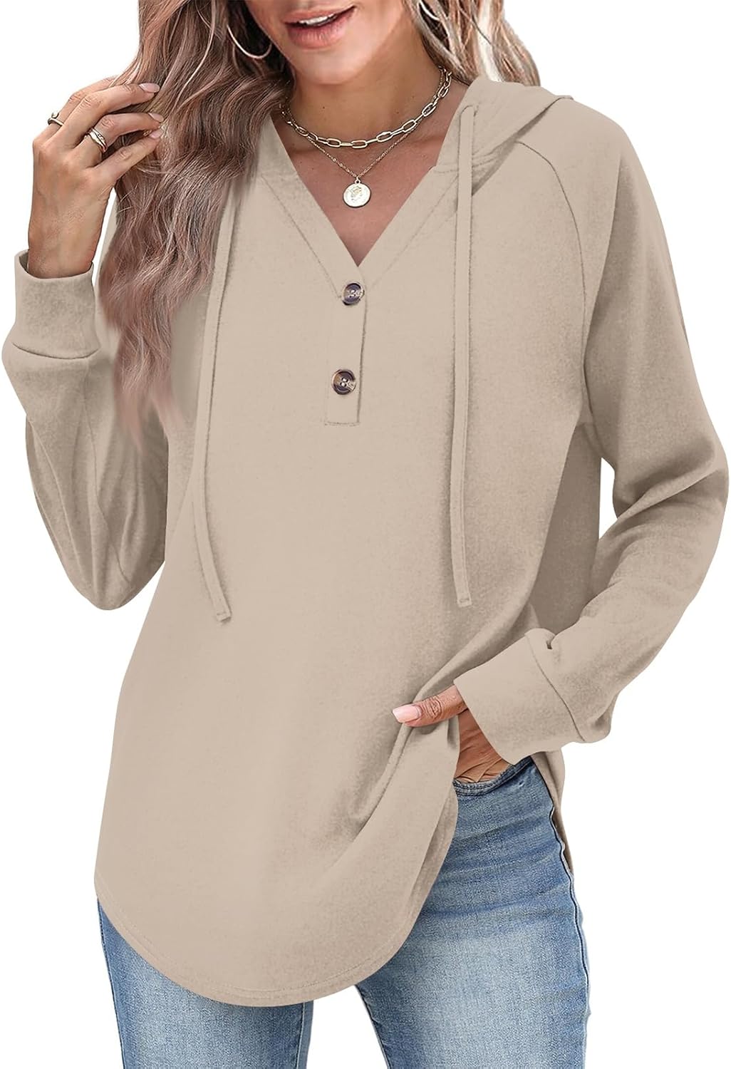 slqdgmryz Womens Hoodies Trendy Lightweight Button V Neck Sweatshirt Vintage Curved Hem Cute Long Sleeve Tops Hoodie Women - Image 5