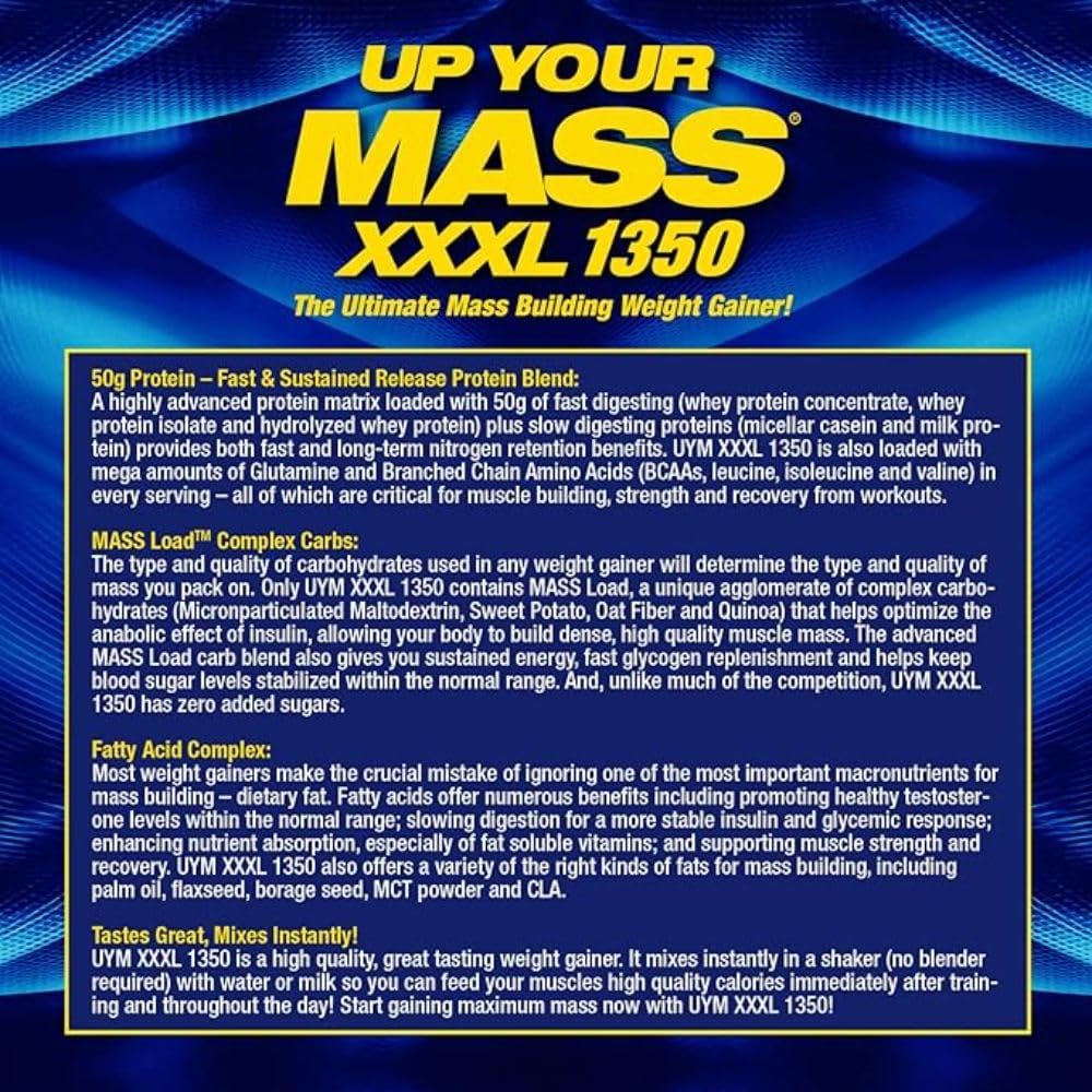 MHP UYM XXXL 1350 Mass Building Weight Gainer, Muscle Mass Gains, w/50g Protein, High Calories, 11g BCAAs, Leucine, French Vanilla Creme, 16 Servings