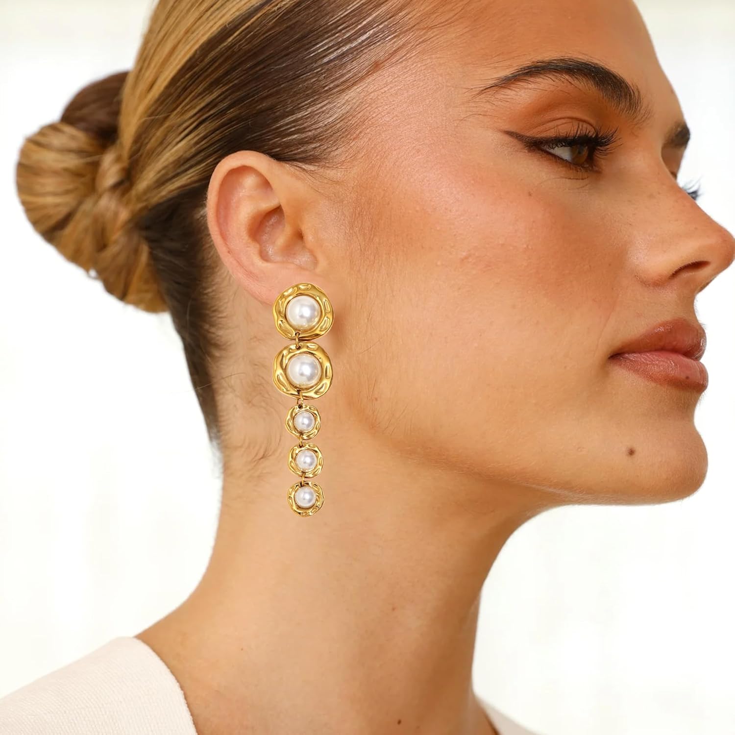 Gold Pearl Dangle Earrings for Women Long Pearl Statement Earrings Big Vintage Earrings Prom Weddings Jewelry - Image 4