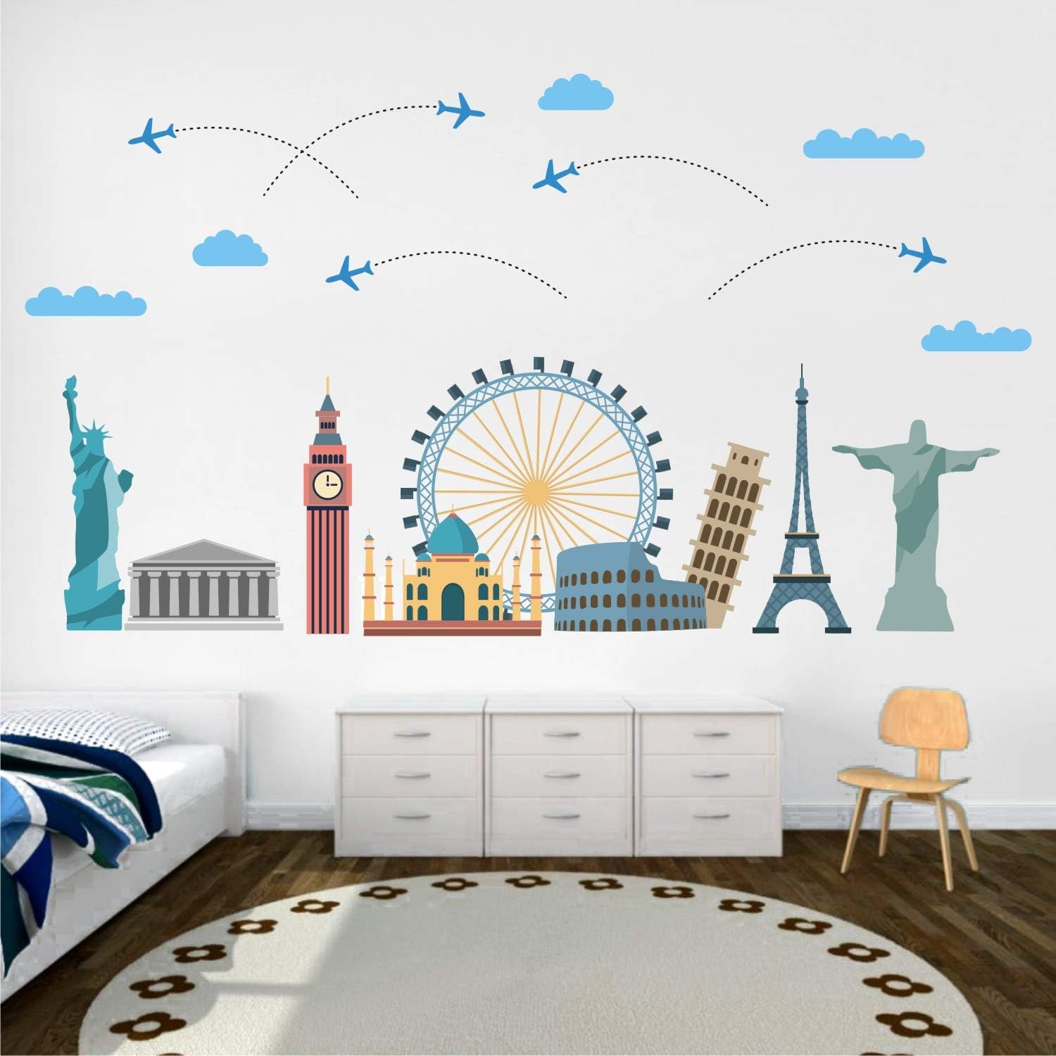 WS072 Worlds Wonders Monuments Building Icon Travel PVC Vinyl Wall Sticker (155 cm X 80 cm)