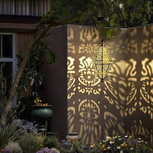 Miniatura 8 de Twinkya Paquete de 2 luces solares colgantes para jardín al aire libre, farol solar decorativo, impermeable, metal, marroquí, decoración al aire