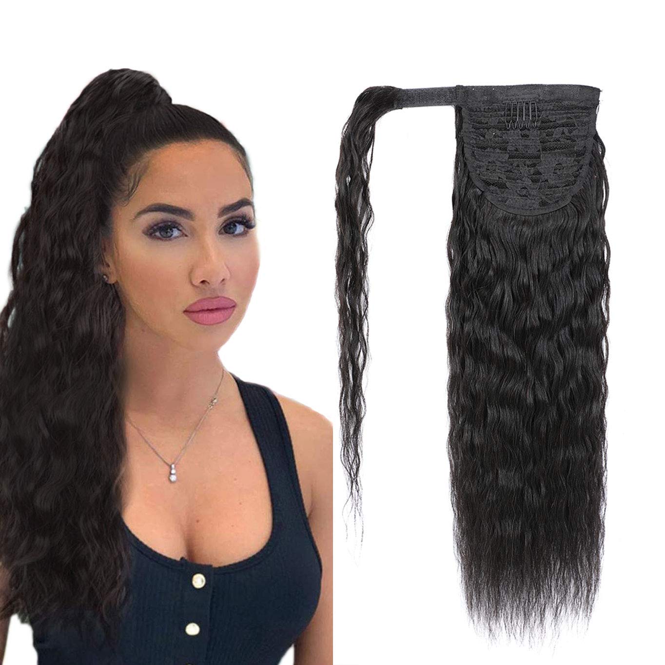 AnnoraPonytail Extension Magic Paste Human Hair Afro Corn Wave Ponytail for Women Human Hair Natural Black Color Brazilian Virgin Human Hair Ponytail Remy Hair Extensions(16 Inch, 105g)