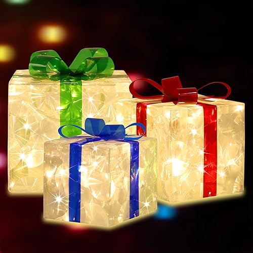 Paquete de 3 cajas de regalo iluminadas con 70 luces LED de Navidad, decoraciones navideñas para interiores y exteriores, adorno de falda de árbol
