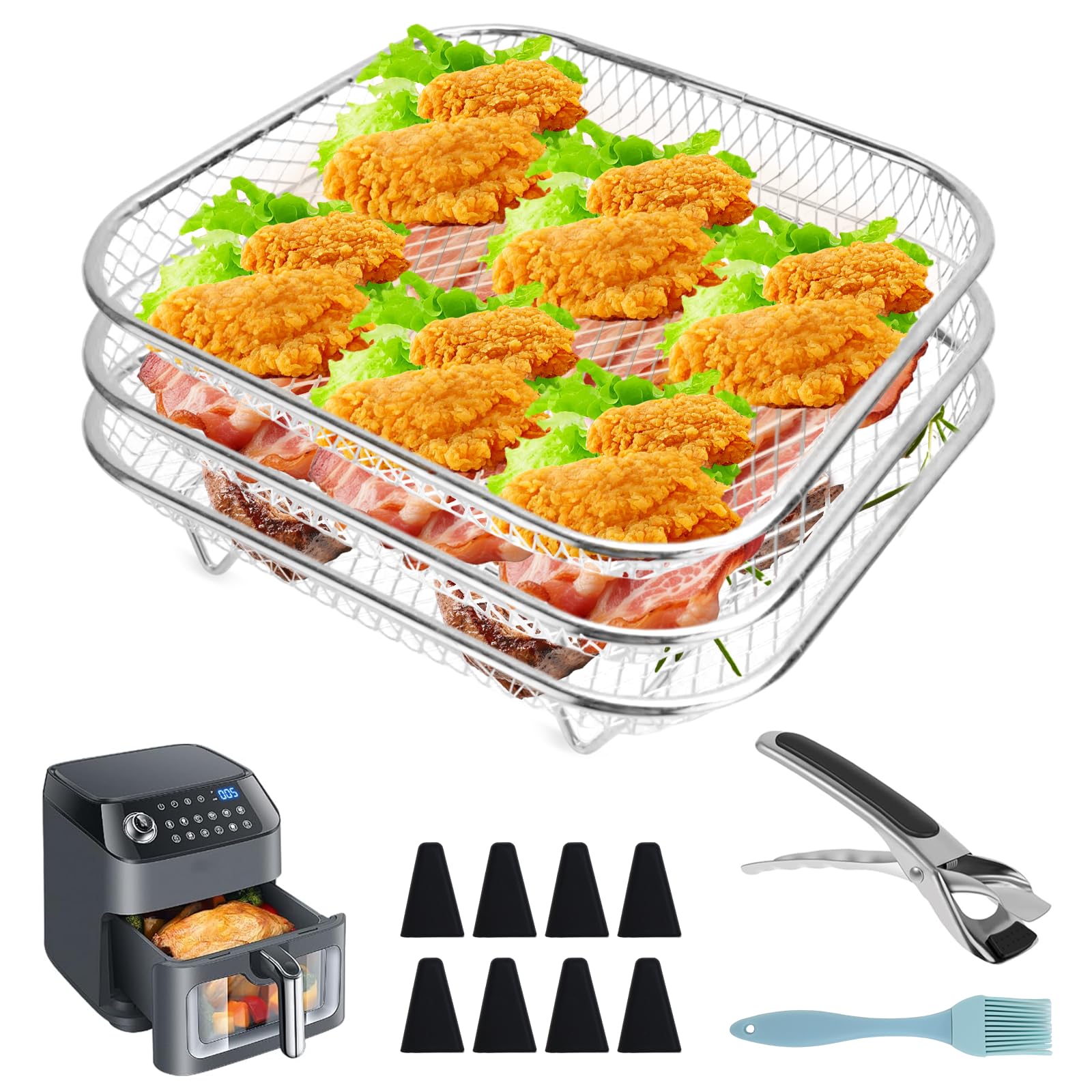 KXVXXV Airfryer Cestas apilables, rejilla para freidora de aire caliente, 20 cm, accesorios para freidora de aire caliente Cosori 5,5L/6L, para Ninja Max Pro 6,2L AF180EU, acero inoxidable 304