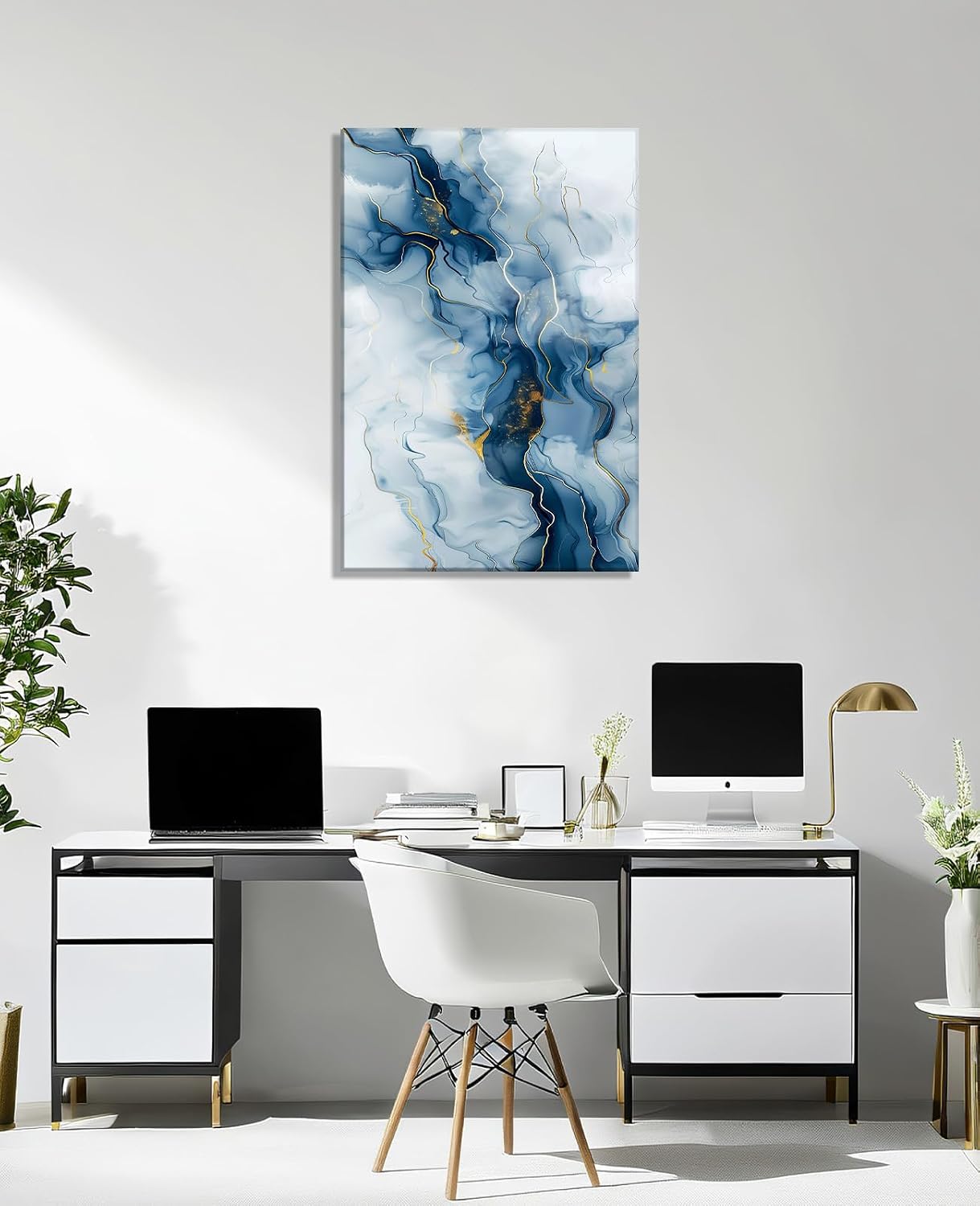 Condition photo showing New/Like New for blue abstract canvas wall art - blue and gold textured pictures gray and white painting contemporary art modern abstract wall decor framed for living room ready to hang(art-1,12.00x18.00 inch) 18"l x 12"w art-1