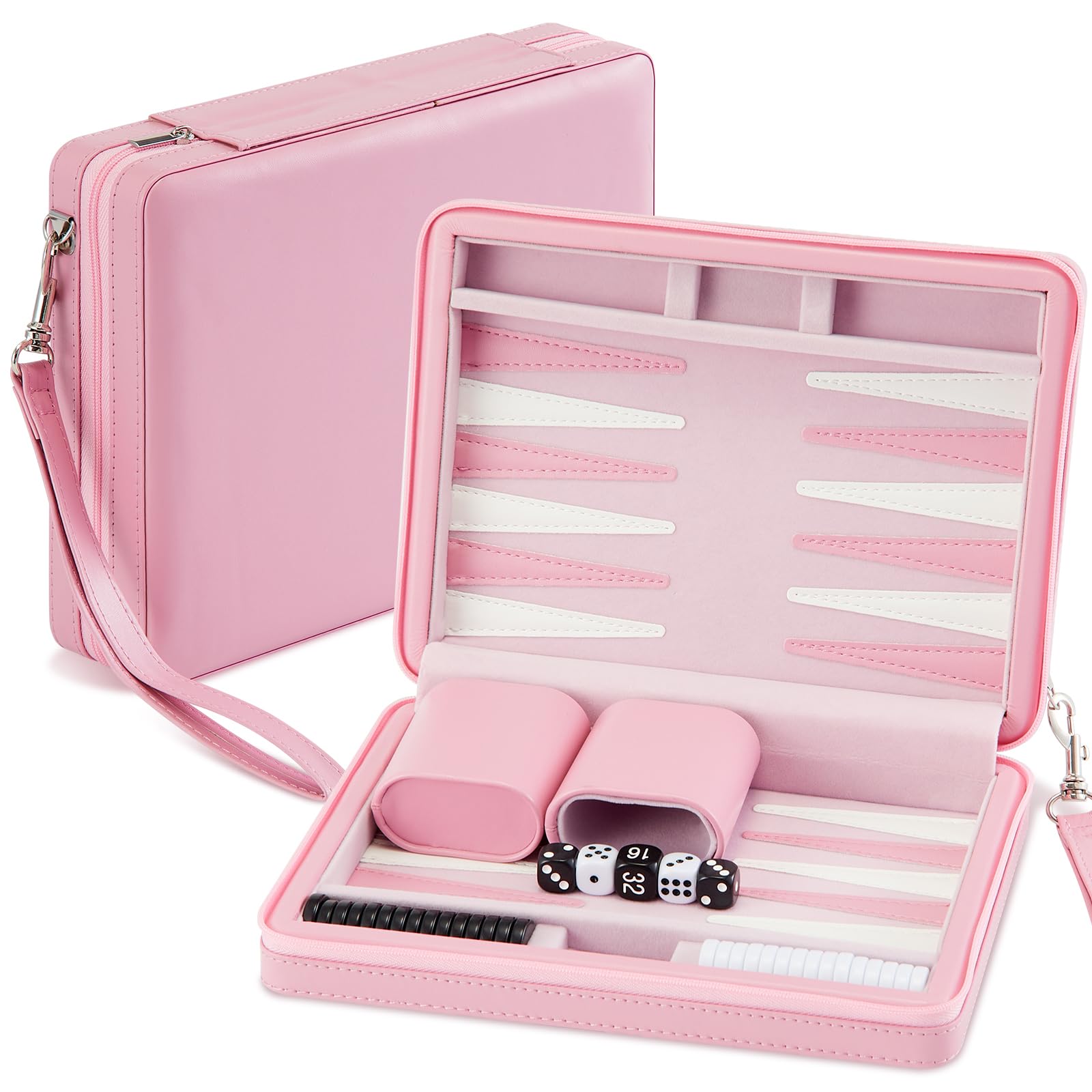 Jerify Travel Backgammon Set Board Games for Adults Portable Backgammon 9.4 x 7.1 inches Leatherette Case Classic Strategy Game for Families Companion Airplane, Camping(Pink)