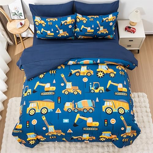 NTBED Juego de edredón de 5 piezas con diseño de camión de construcción para niños, cama en una bolsa, vehículos, excavadora, juegos de ropa de cama