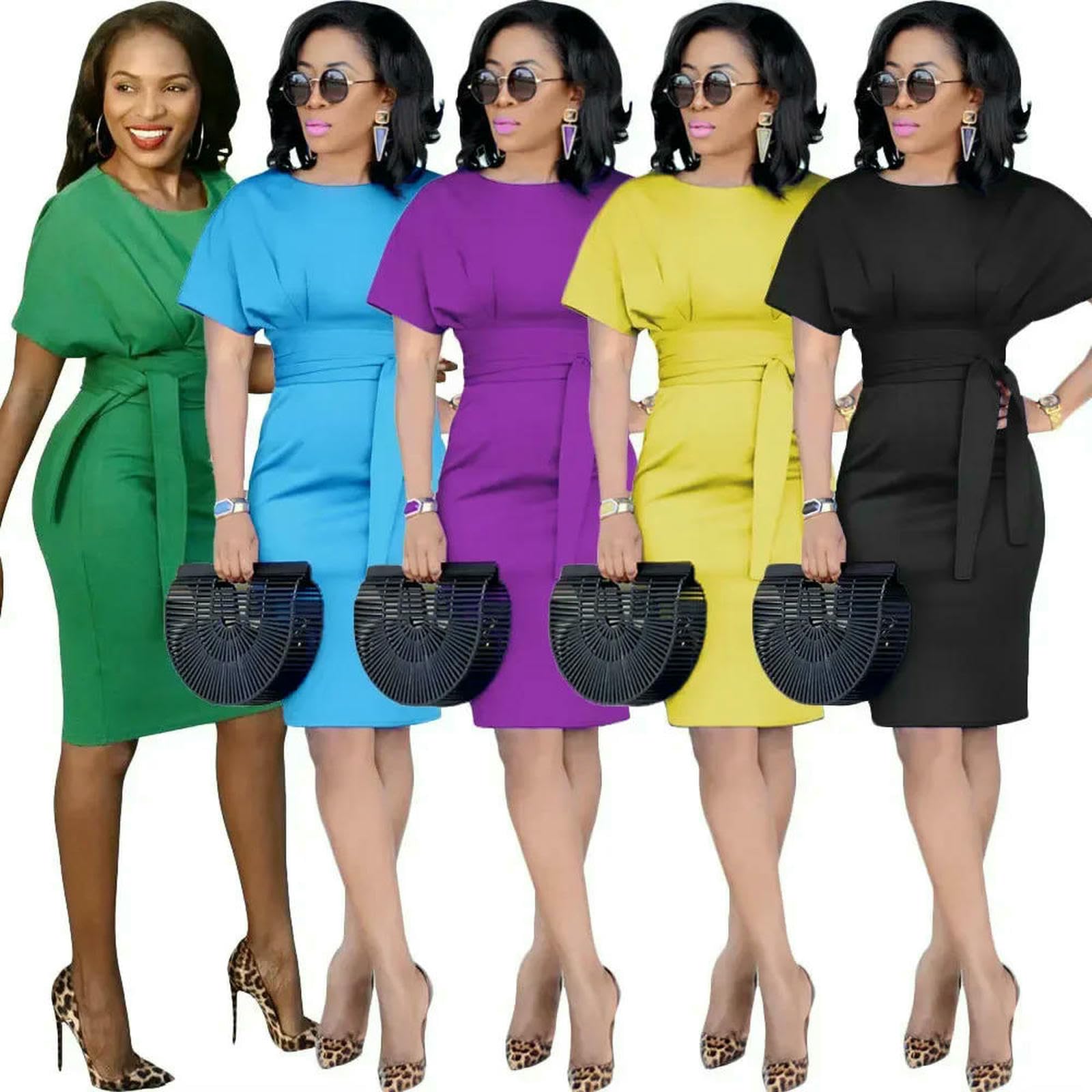 Abito Donna Longuette Elegante da A Tubino con Cintura, Manica Corta, vestibilità Slim, Lavoro Cocktail Ufficio-Avorio-m