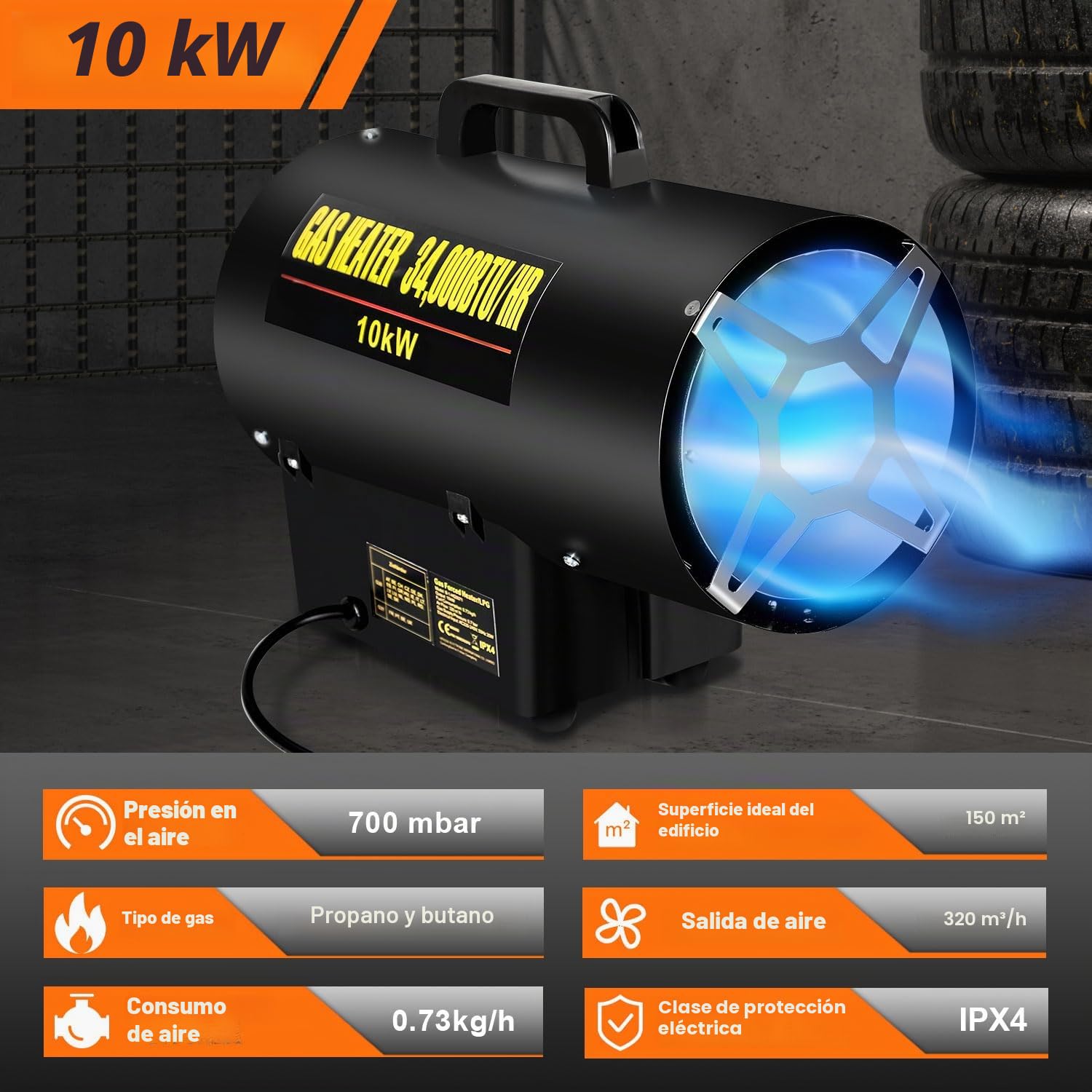 Eulenke Calefactor de gas de 10 kW, caudal de aire de 320 m³/h, incluye manguera de gas y reductor de presión, cañón de calor, generador de aire caliente, calentador de construcción con protección