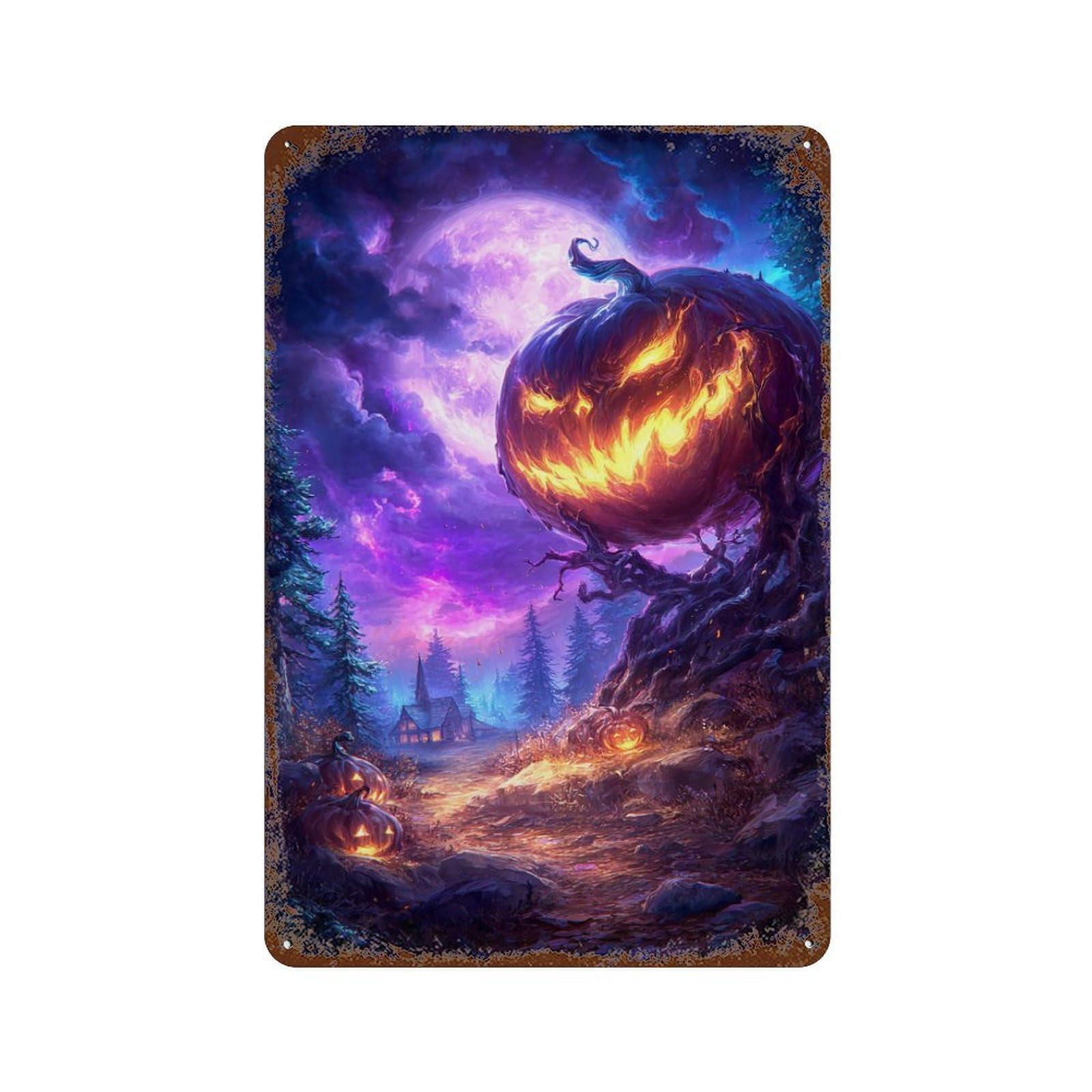Halloween Night Scene with Full Moon Aged Metal Wall Plaque 11.8"x7.9", Classic Wall Plaque for Garage, Pub Or Kitchen
