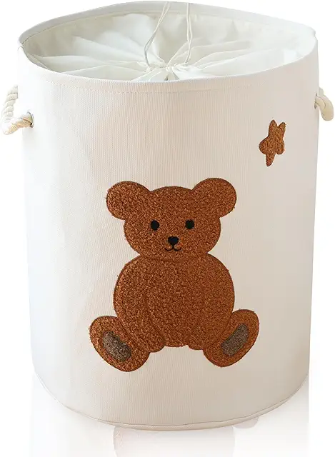 Large Round Laundry Basket with Bear Design - 58L Storage Box for Kids Toys & Clothes