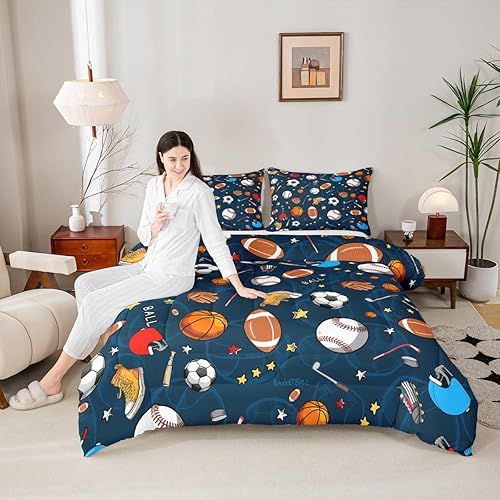 Miniatura 5 de Feelyou Juego de edredón con temática deportiva, juego de ropa de cama de pelota azul 3D, juego de ropa de cama de béisbol, fútbol, baloncesto, para