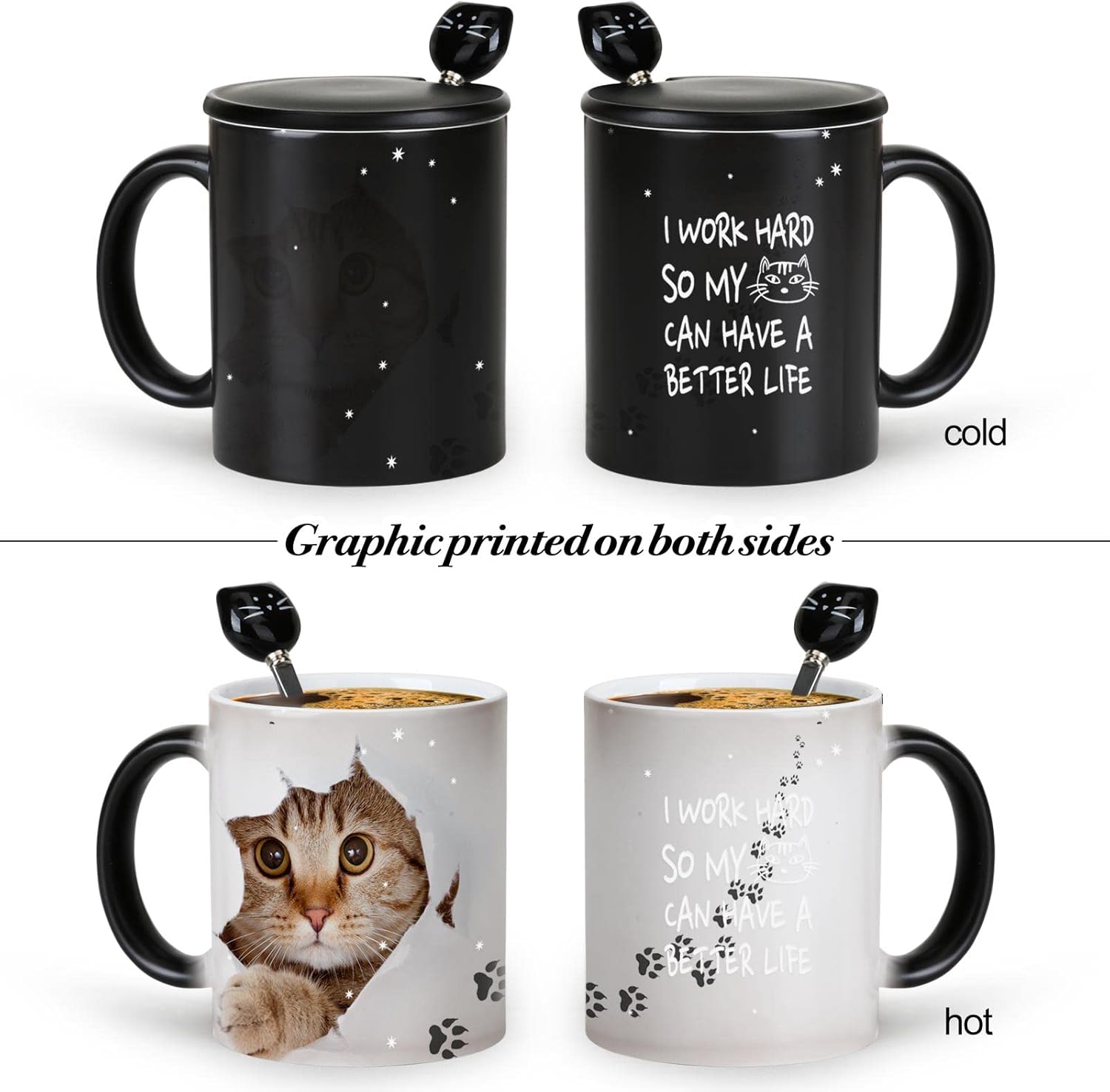 Color Changing Coffee Mug 11oz - I Work Hard So My Cat Can Have a Better Life - Halloween Cat Cup With Black Lid and Head Spoon, Gifts for Birthday, Christmas - Image 2