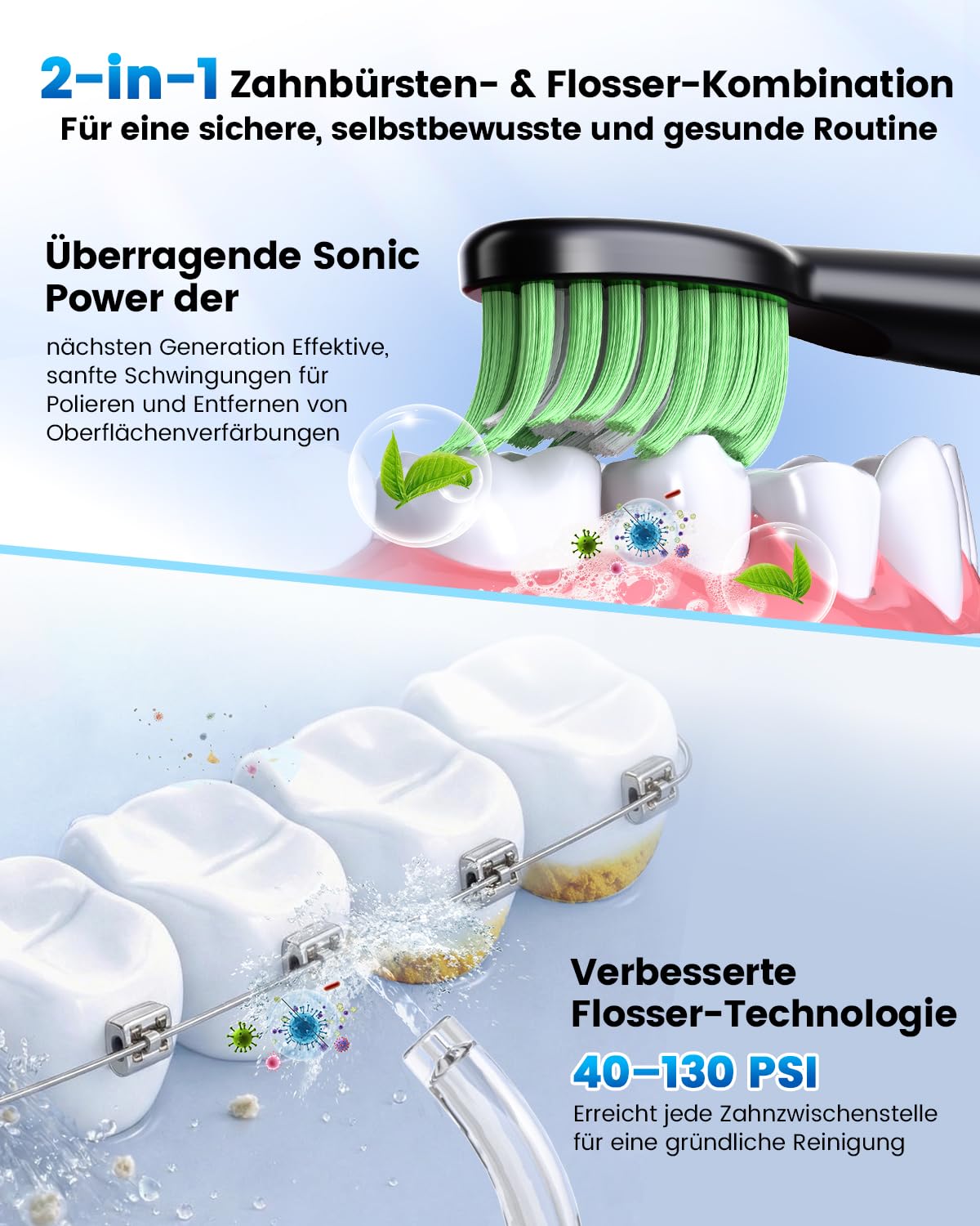JTF Brosse à Dents Électrique et Hydropulseur Jet Dentaire 2-en-1 – Kit d’Hygiène Buccale Portable Nettoyage Efficace et Doux, Plusieurs Modes pour Appareils Dentaires et Gencives Sensibles, Sans Fil