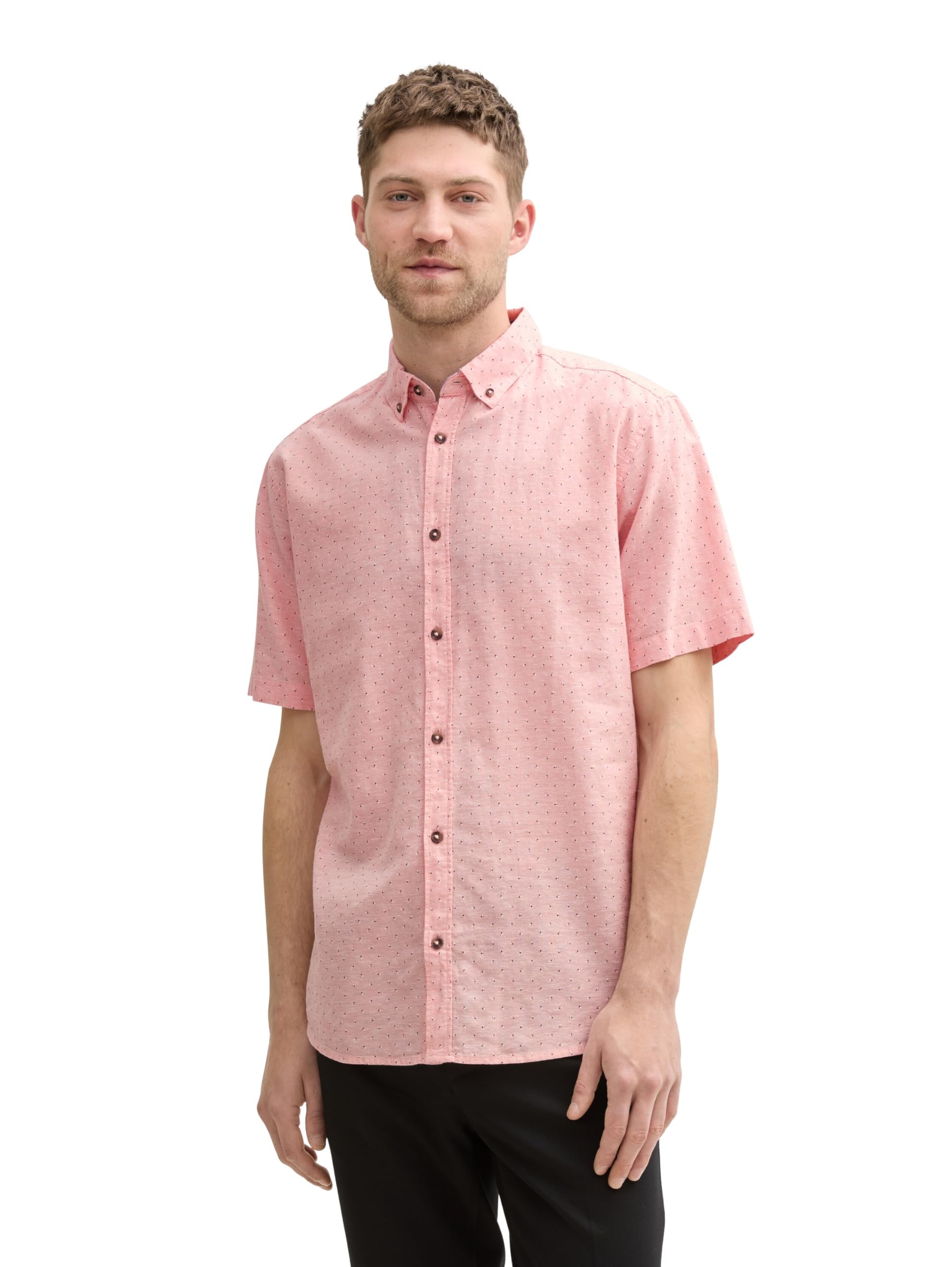 TOM TAILOR Men's Regular Fit Short Sleeve Shirt with Linen Content in Polka Dot Pattern