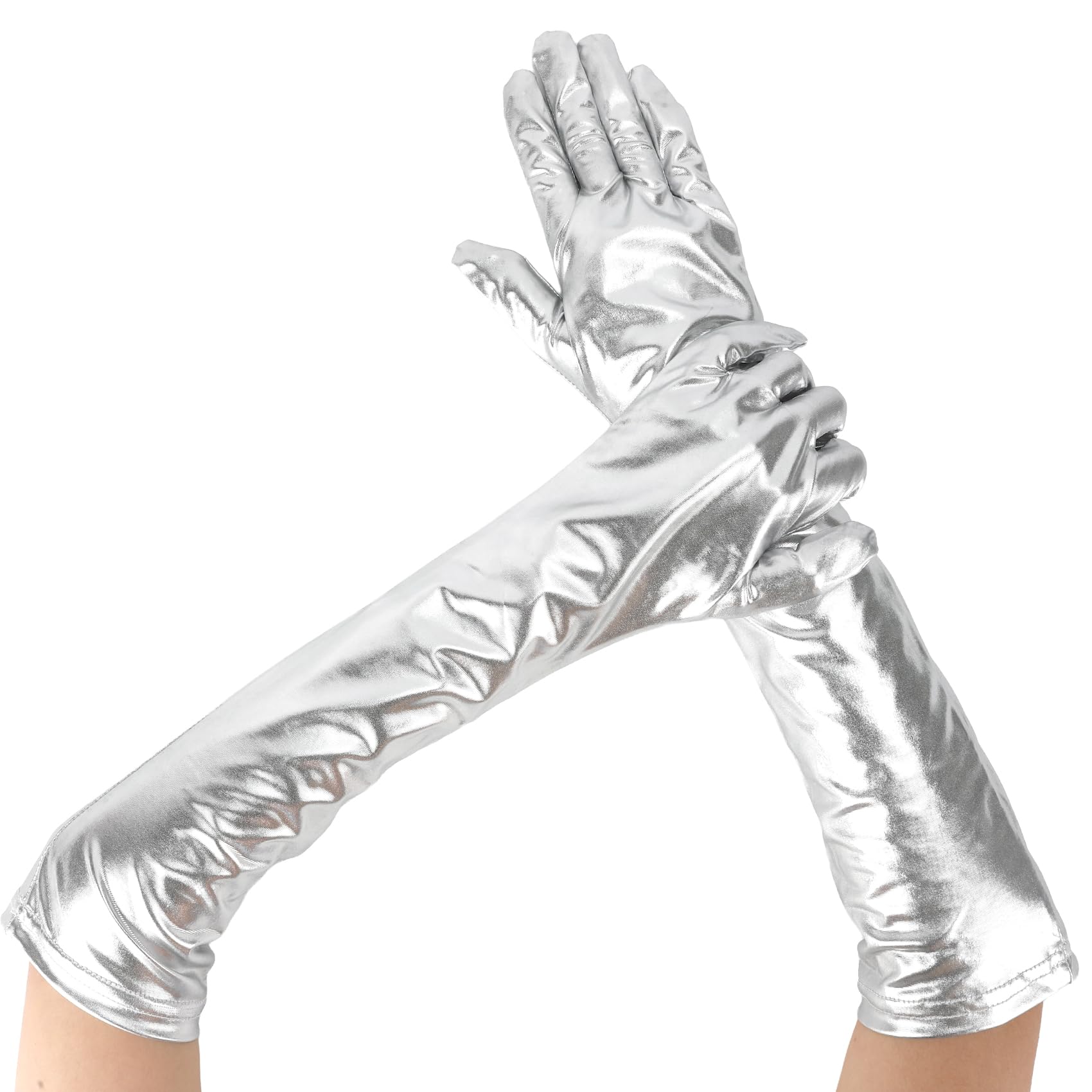 Women's Faux Leather Long Gloves,1PCS Silvery Elastic Shiny Opera Gloves,Wet Look Evening Party Elegant for Ladies Costume Dress Cosplay Wedding,Stretchy Opera Length Finger Dress up Halloween