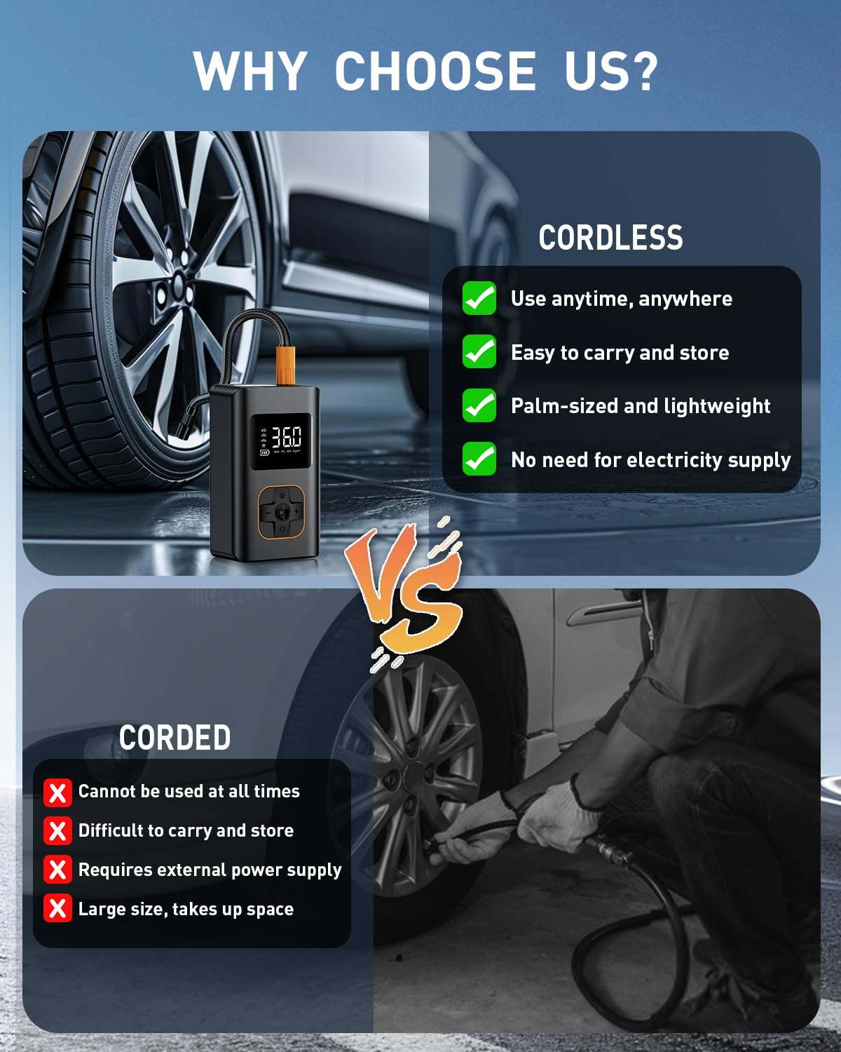 KIAIR Tire Inflator Portable Air Compressor - Fast Cordless Air Pump for Car Tires, 150 PSI Electric Bike Tire Pump with LED Light and Digital Pressure Gauge for Motorcycle, Auto, Ball, Bicycle