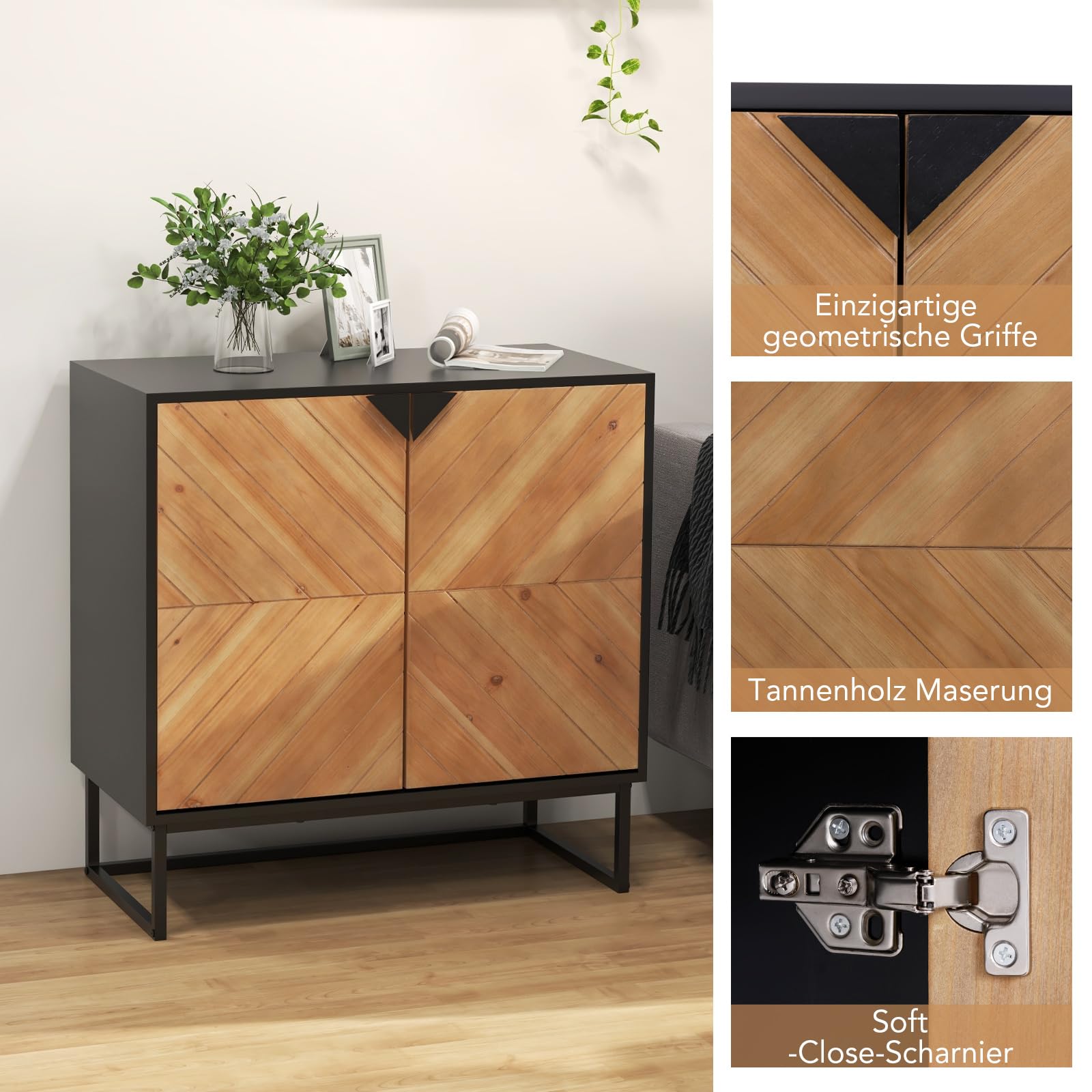 COSTWAY Sideboard Holz, Küchenschrank mit 3 Haken, Kommode mit 2 Türen