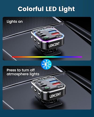 Miniatura 6 de LENCENT Bluetooth 5.3 Transmisor FM Adaptador de coche 48W (PD30W y QC18W) Cargador rápido, interruptor de luz, receptor de audio de sonido de bajo