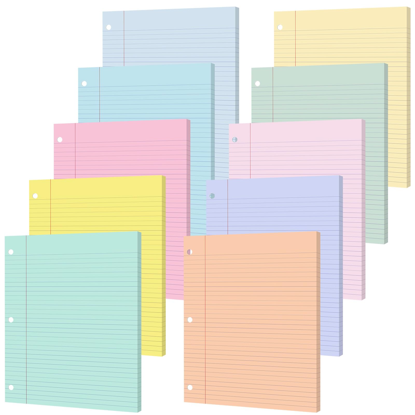 100 Sheets Loose Leaf Binder Paper, 8" x 10.5" Colored College Ruled Paper