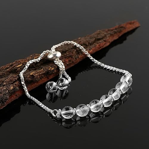 Miniatura 2 de Natural Clear Quartz Gemstone Round Beads Bolo Bracelet, Chakra Healing Crystals, Silver Plated, Adjustable Slider, Gift for Women, Birthday,