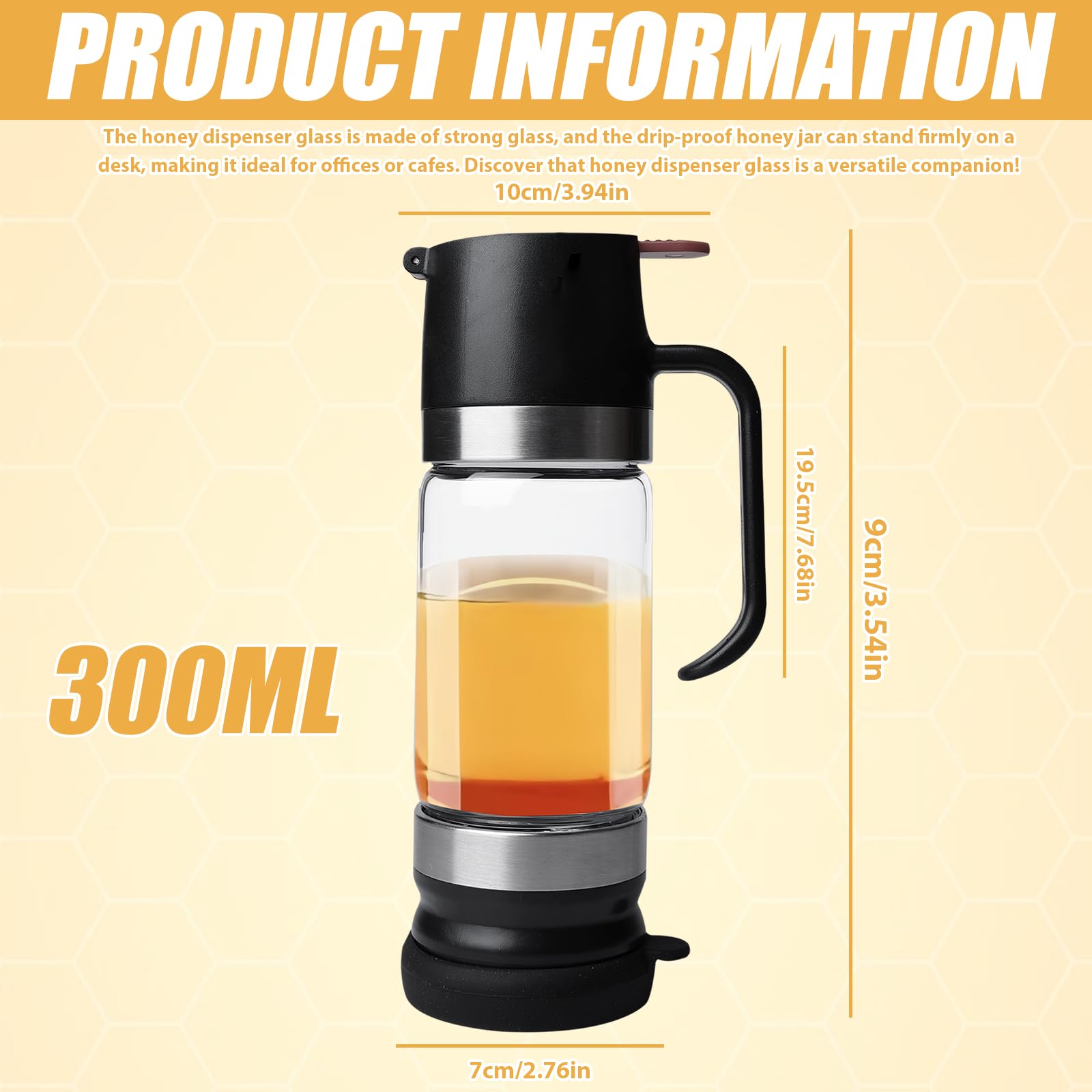 Dispenser di miele in vetro borosilicato 300 ml: barattolo per miele antigoccia con manico e tecnologia anti-ritorno, ideale per sciroppo, marmellata, caffè, tè, cucina e ufficio