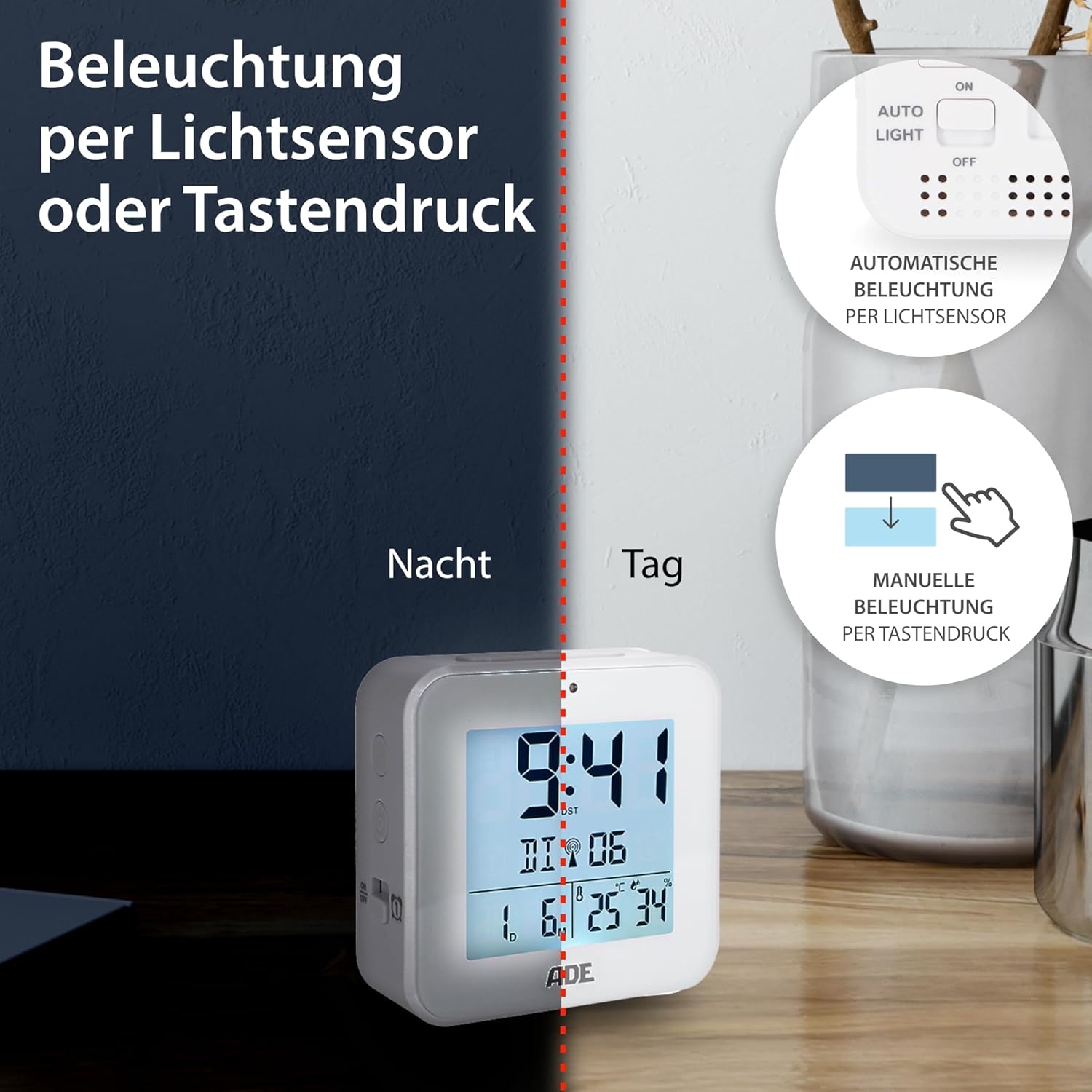 Illustration showing the backlight function of the ADE CK2310, with automatic illumination via light sensor and manual illumination via button press, distinguishing between day and night visibility.
