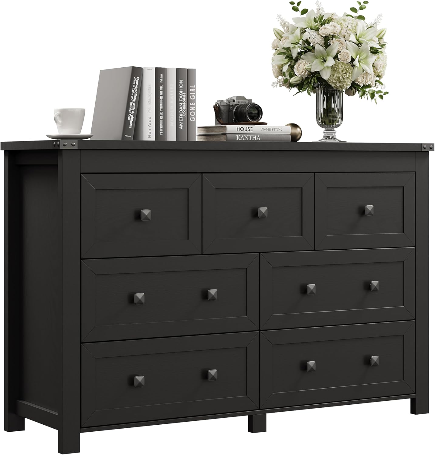 Black Dresser for Bedroom with 7 Drawers, Wood Dressers Chest of Drawers with Metal Handles, Modern Bedroom Dresser with Drawers for Closet Hallway, Living Room, Black