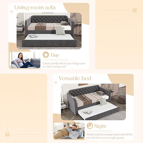 Miniatura 3 de Sofá cama con nido, cama de día tapizada de terciopelo tamaño individual, marco de sofá cama de día con nido enrollable y puerto USB, no necesita