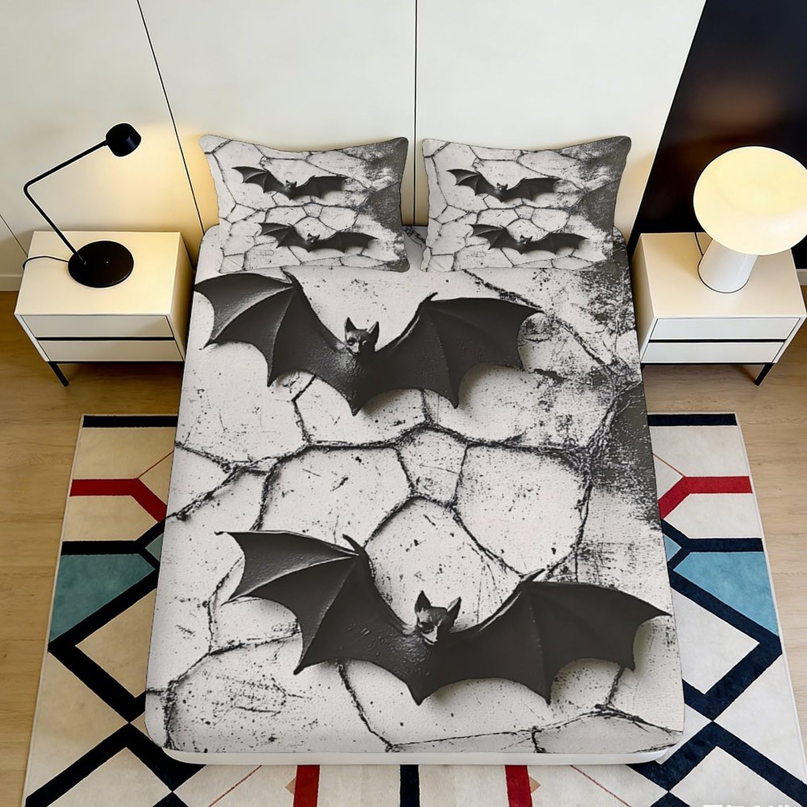 3D Printed Bat Cracked Stone Fitted Sheet Microfiber Soft Anti-Slip Bed Cover for Bedroom Dorm Decor 120x200x25cm