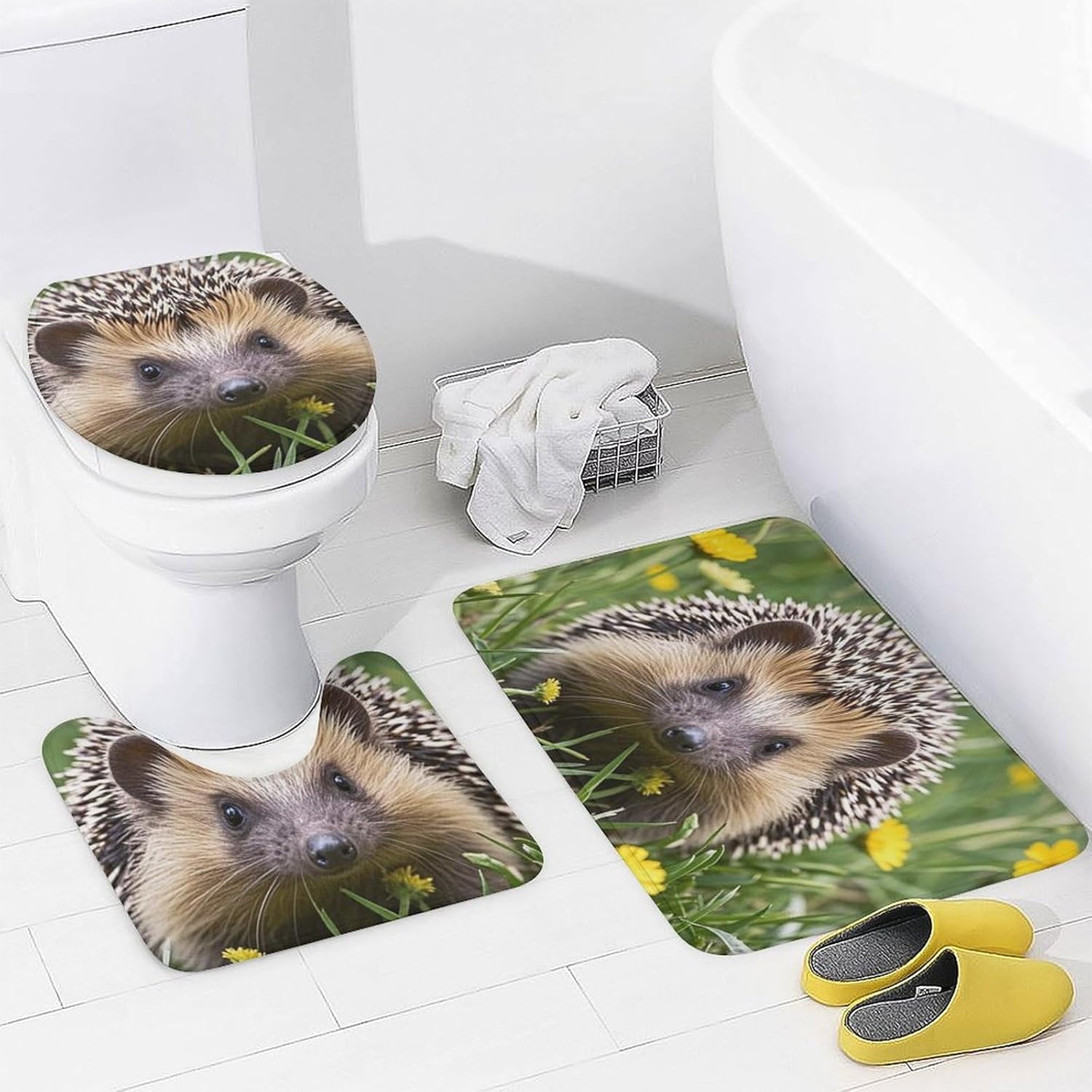 4 Piece Bathroom Rug Set with Shower Curtain, Non-Slip Bath Mat Toilet Cover Set, Hedgehog Bathroom Rug Sets