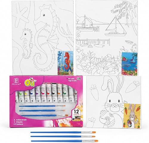 12PCS Oil Painting Canvas Kit for Kids, DIY Art Set with Pre-Drawn Canvases, Oil Paints & Brushes