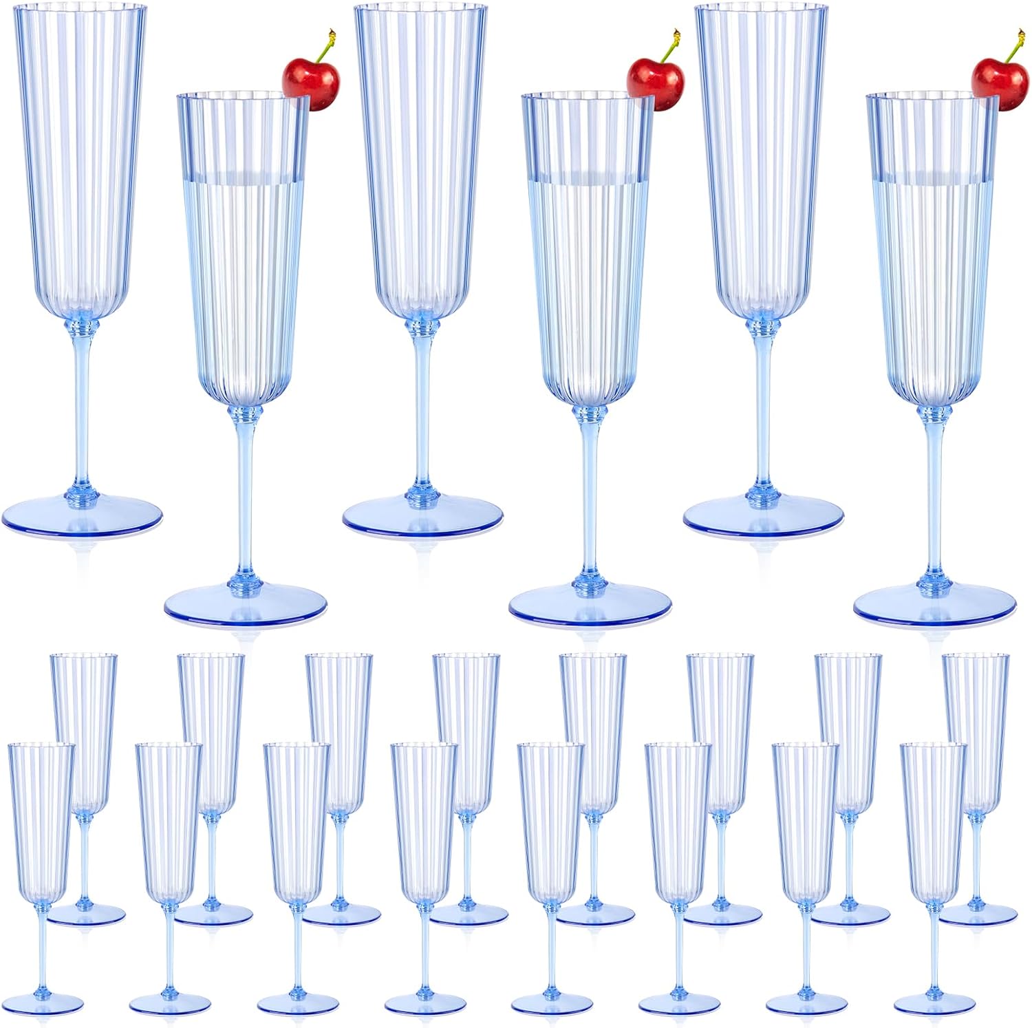 24 Pack Plastic Champagne Glasses Blue Unbreakable Ribbed Champagne Flutes Detachab...