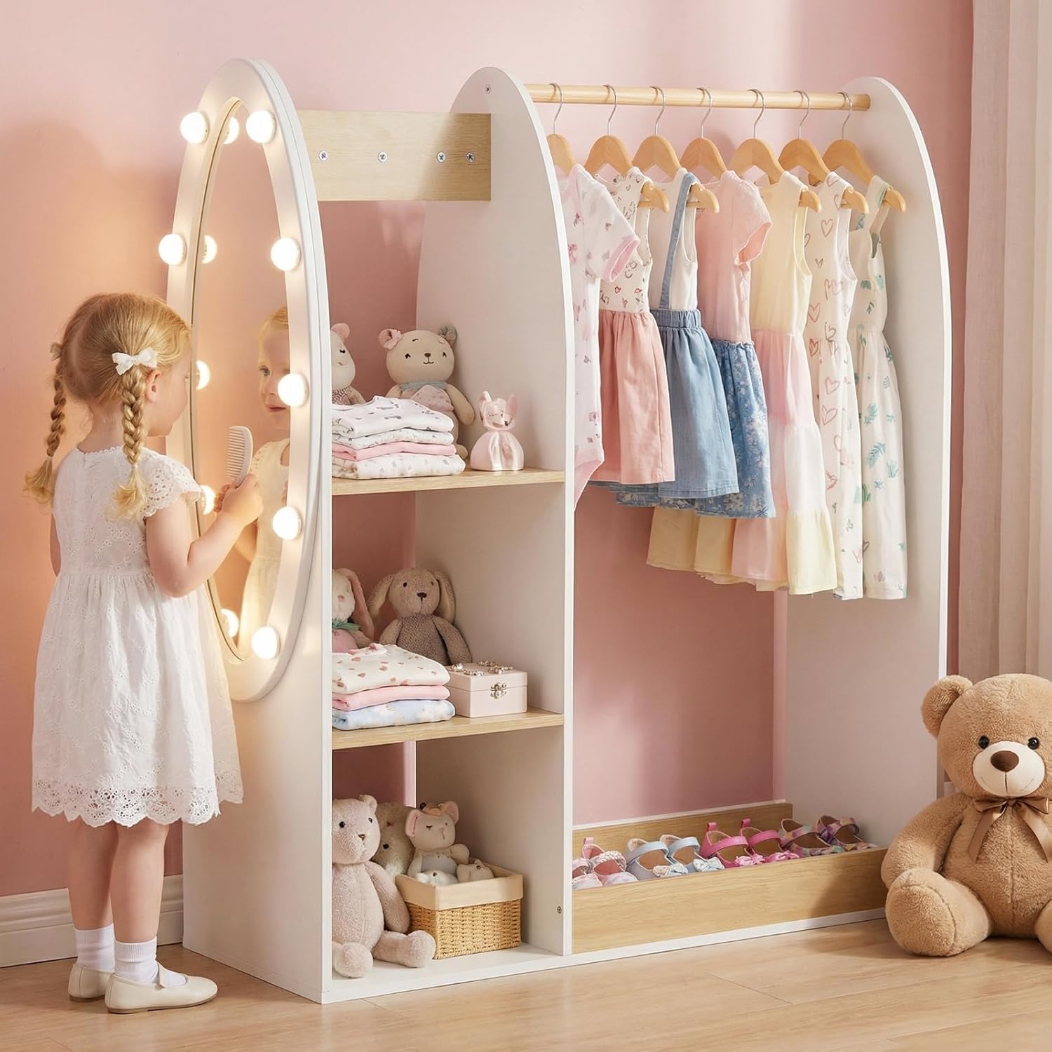 Olakids Kids Dress Up Storage with Mirror, Wooden Costume Wardrobe Closet with LED Lights Rack Storage Shelves 3 Hooks for Bedroom (Natural)