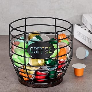 Yangbaga 1pcs Coffee Pod Holder - Large Capacity Black Wire K-Cup Holder With Wooden Base, Modern Basket Bar Decor for Station, Espresso Pods & Capsules, Fruit Snack Storage