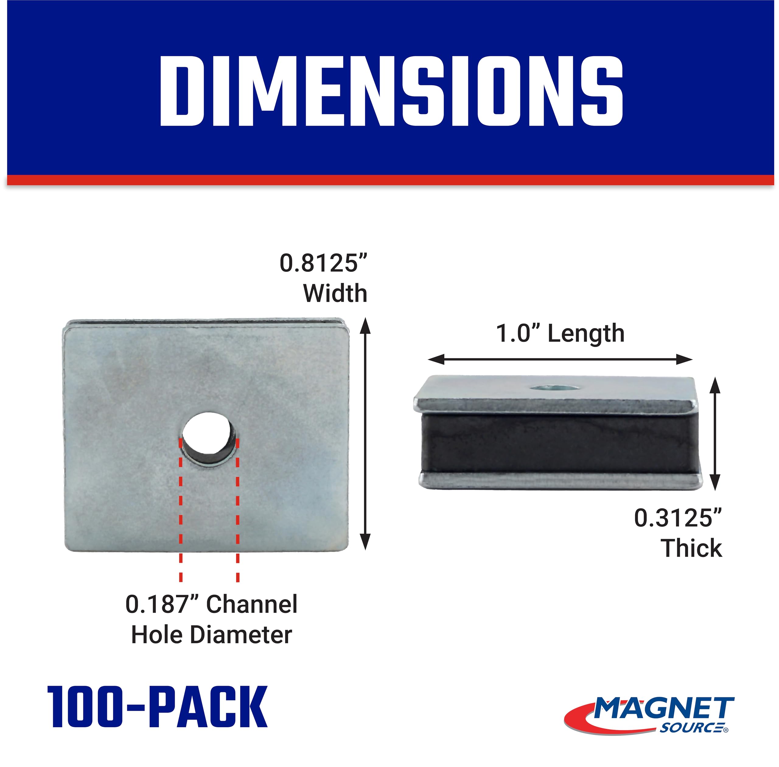 Master Magnetics CA41LWHX100 Ferrit-Magnetverschluss, kohlenstoffarmer Stahl, rechteckig, mit Mittelloch, verzinkt, 2,5 cm Länge, 0,813 cm Breite, 0,8 cm Höhe, 3,8 kg 100 Stück
